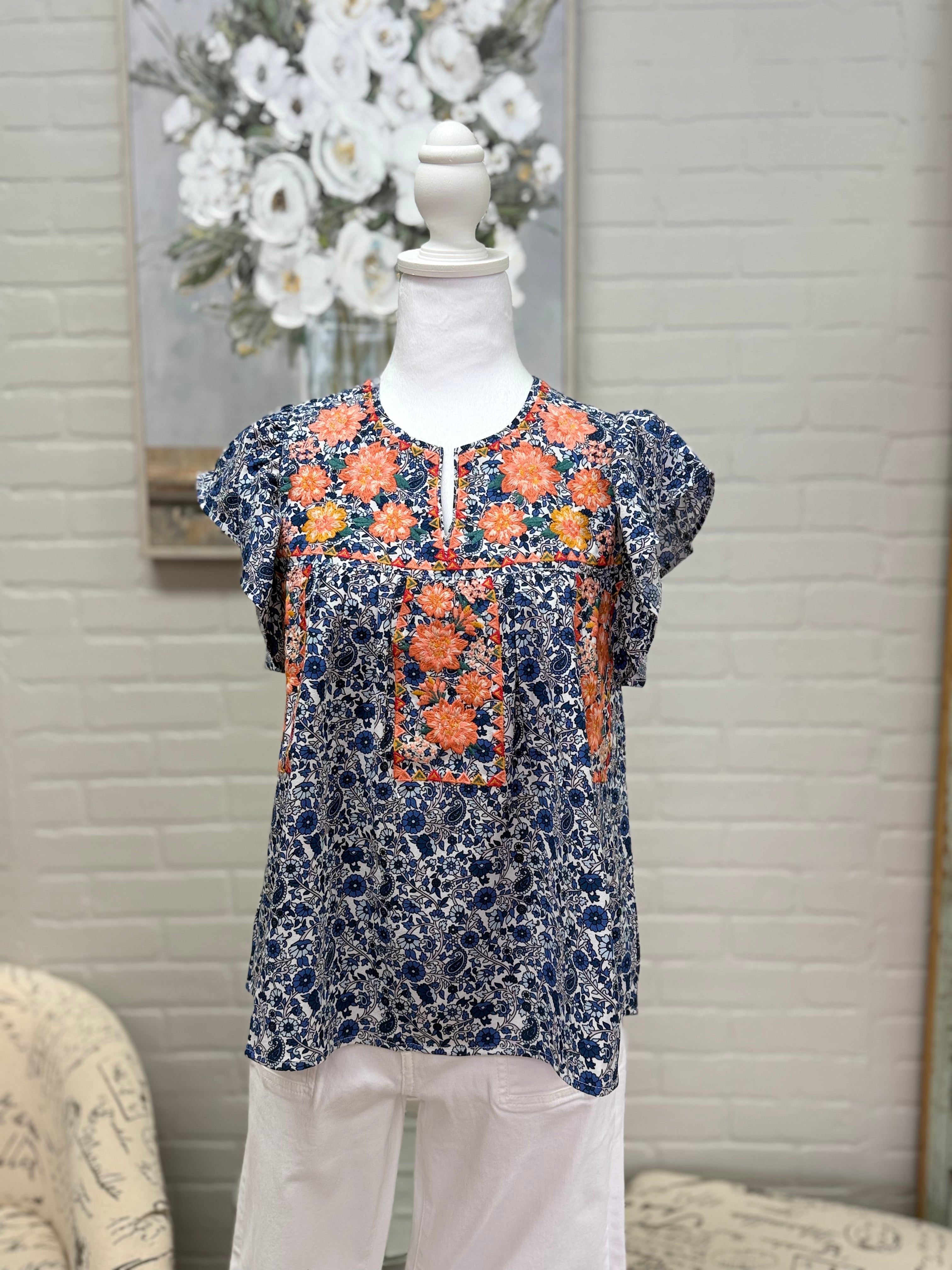 Print Embroidered Top