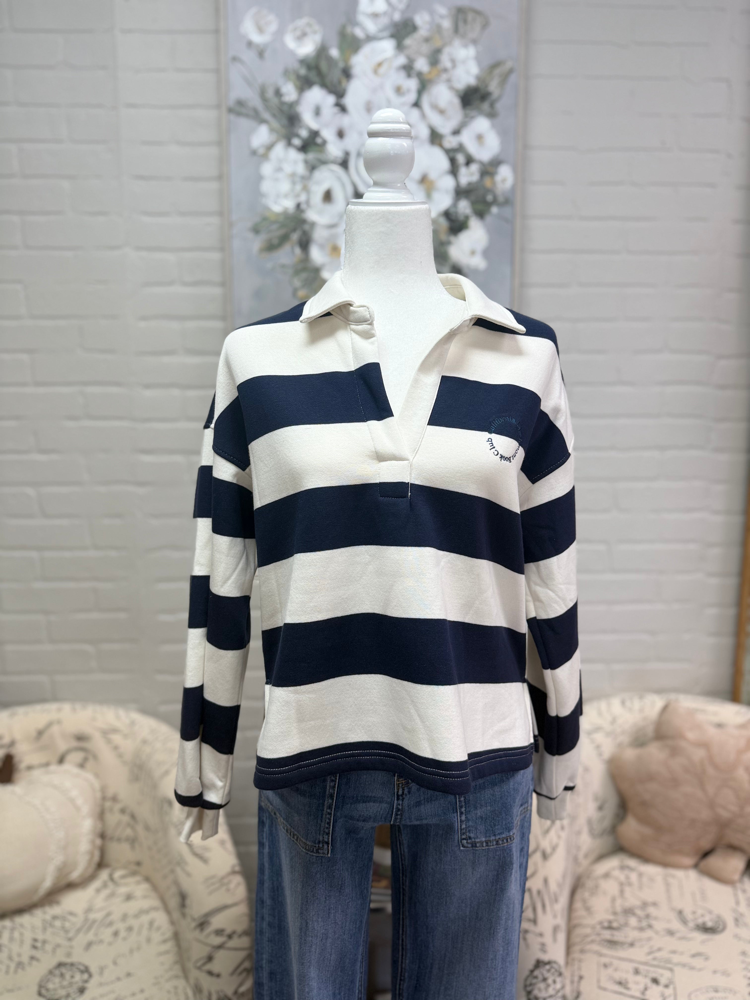Navy Striped Long Sleeved Polo