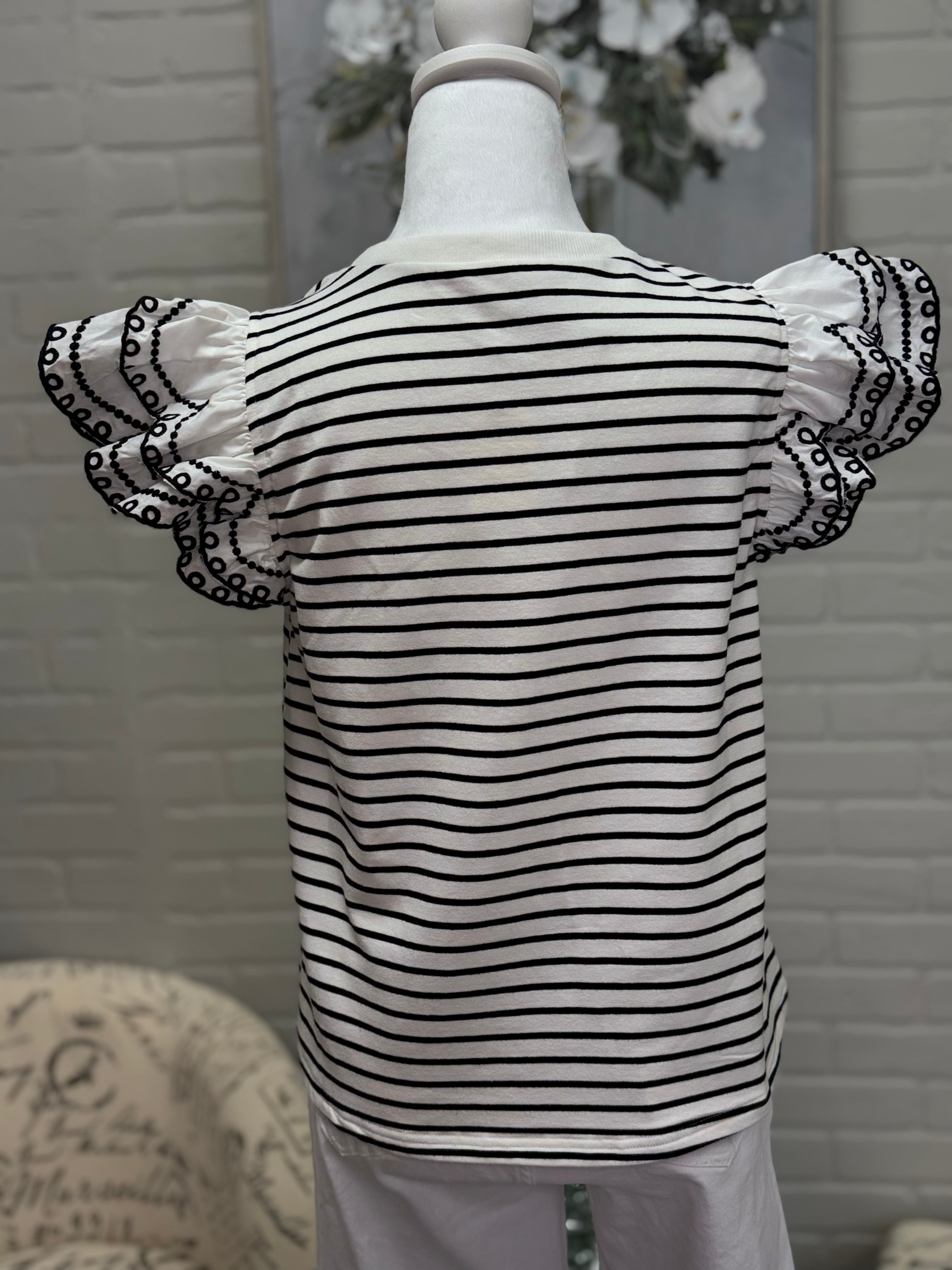 Black Striped Top w/ Flutter sleeve