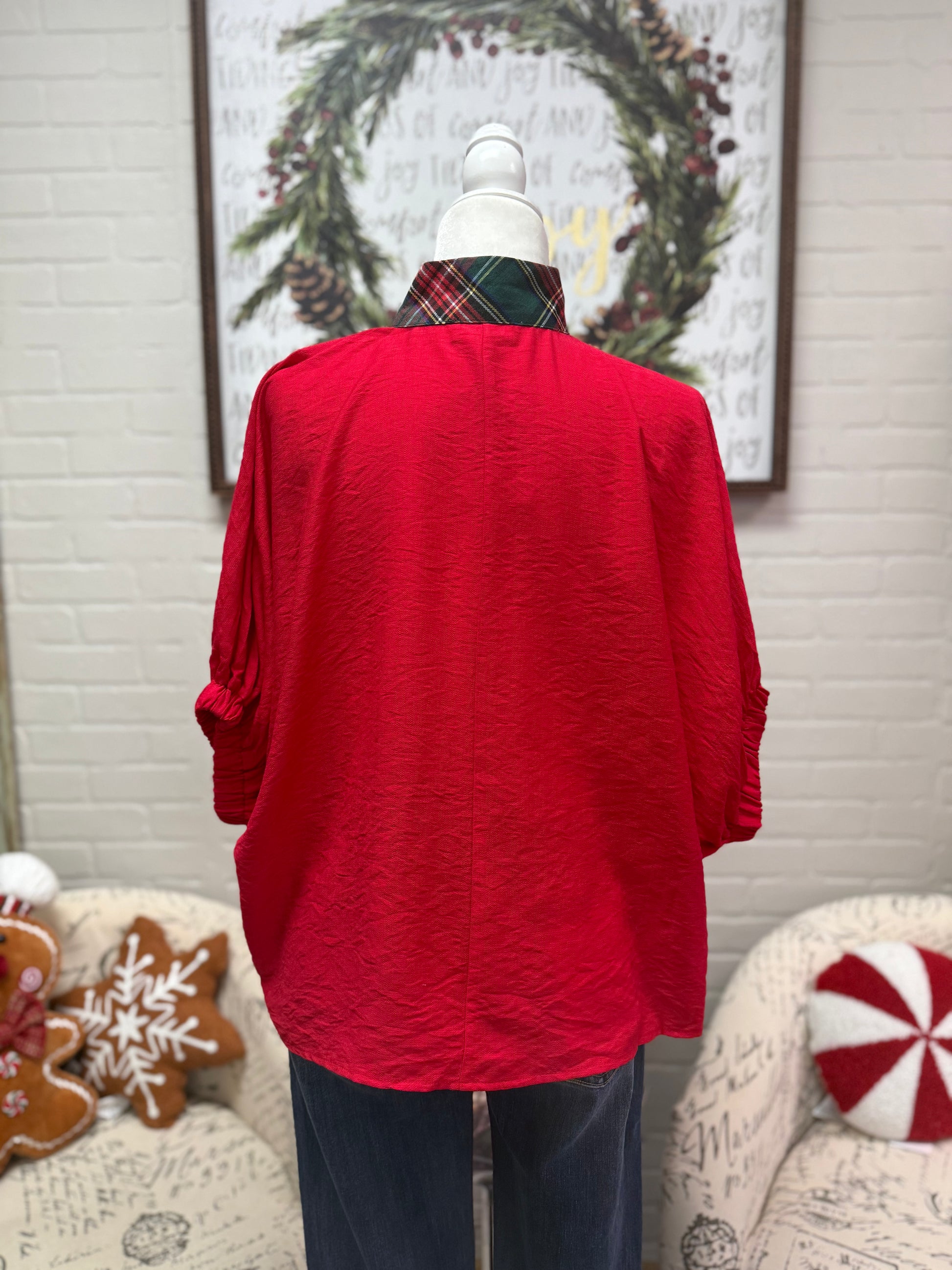 Red & Plaid Contrast Dolman Top