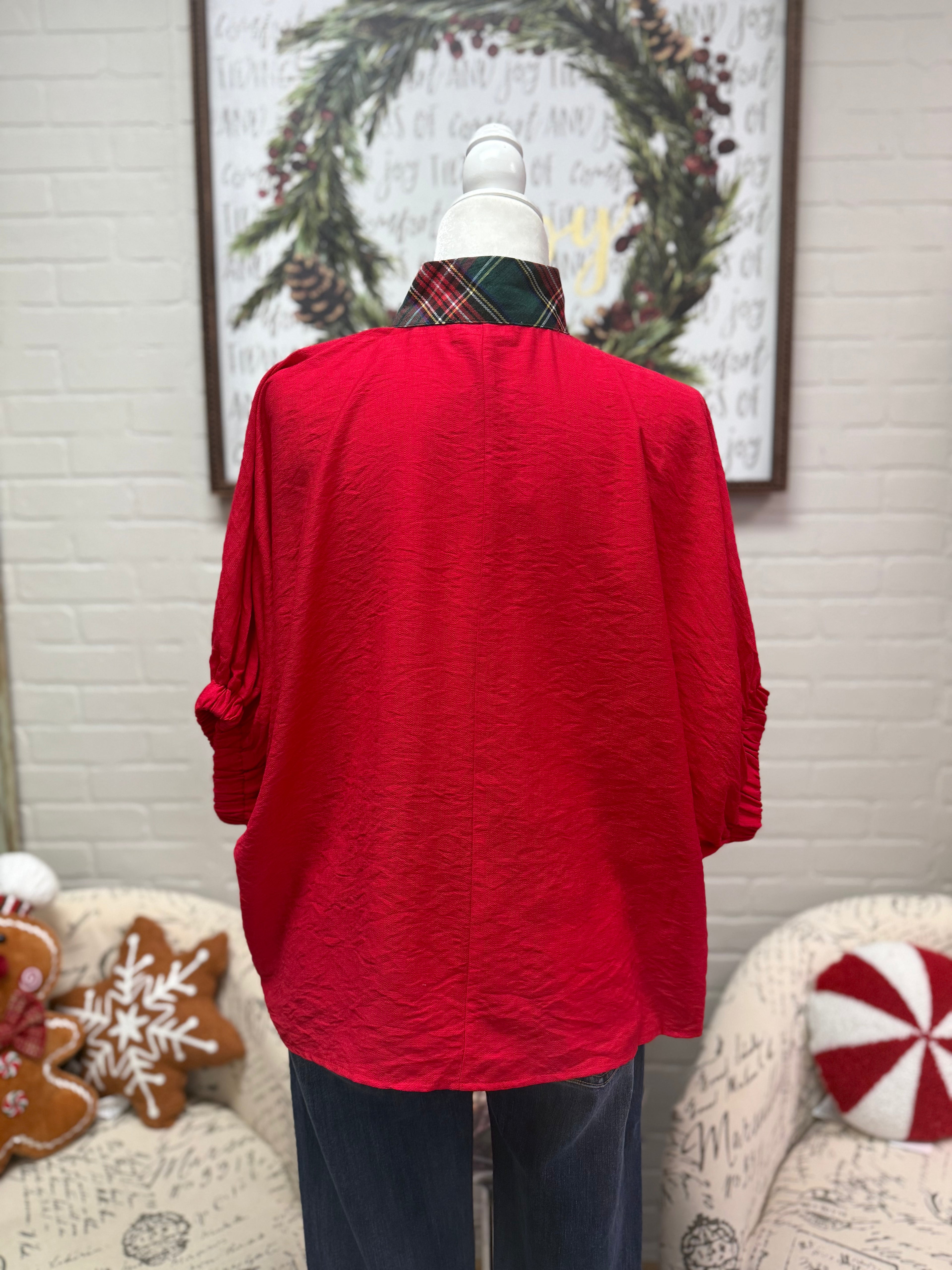 Red & Plaid Contrast Dolman Top