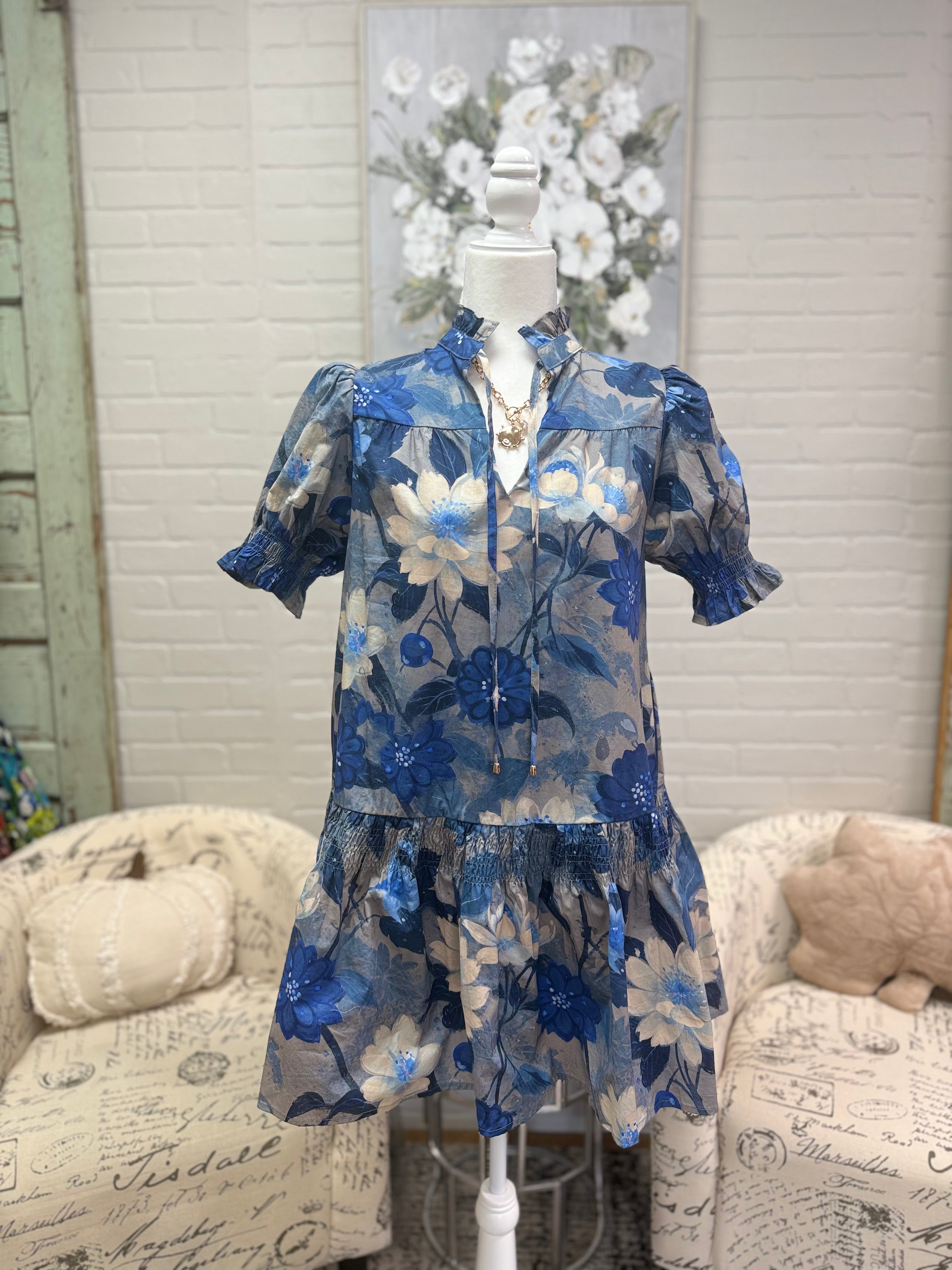Indigo Floral Smocked Dress