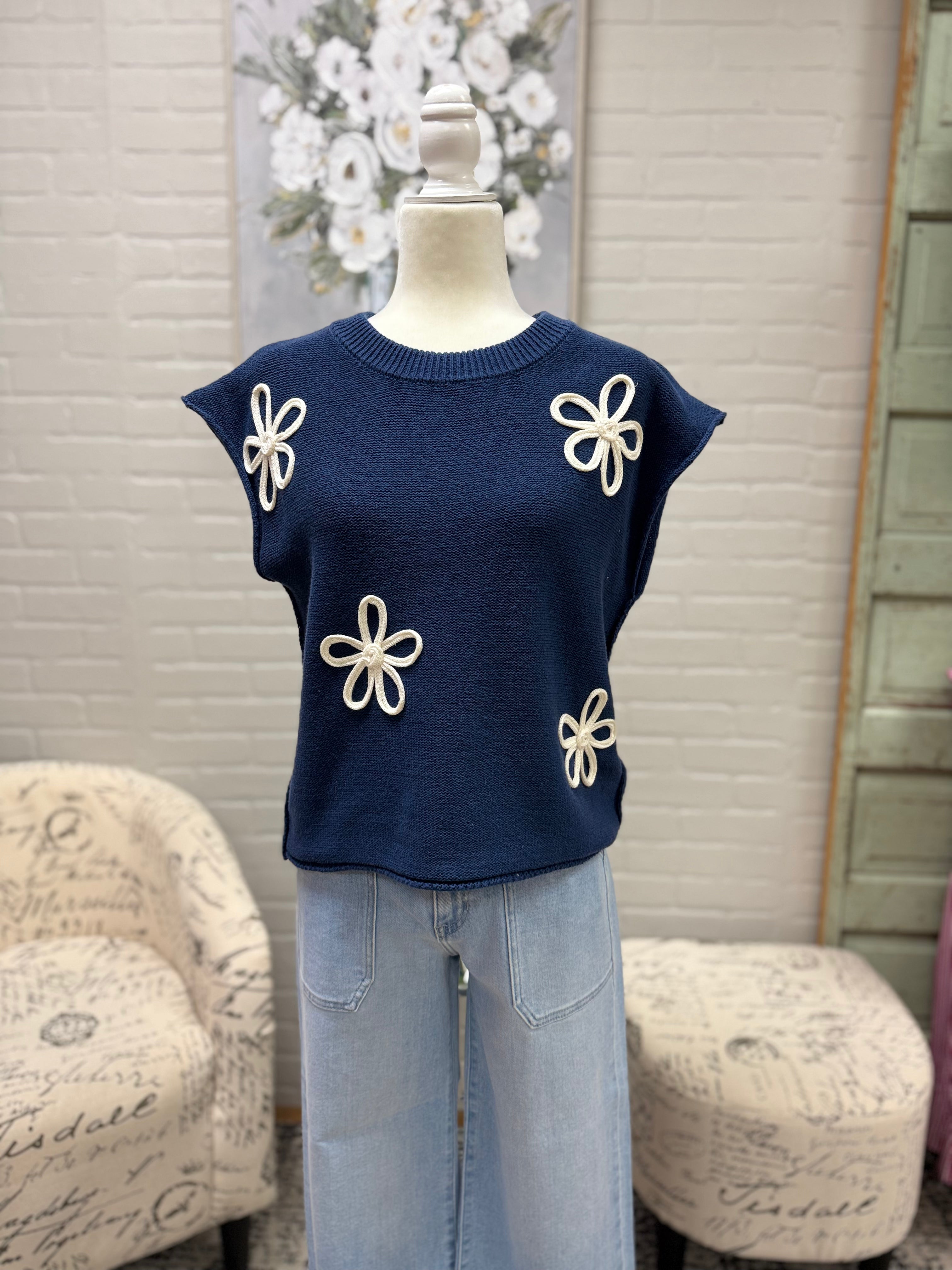 Navy Embroidered Sweater Vest