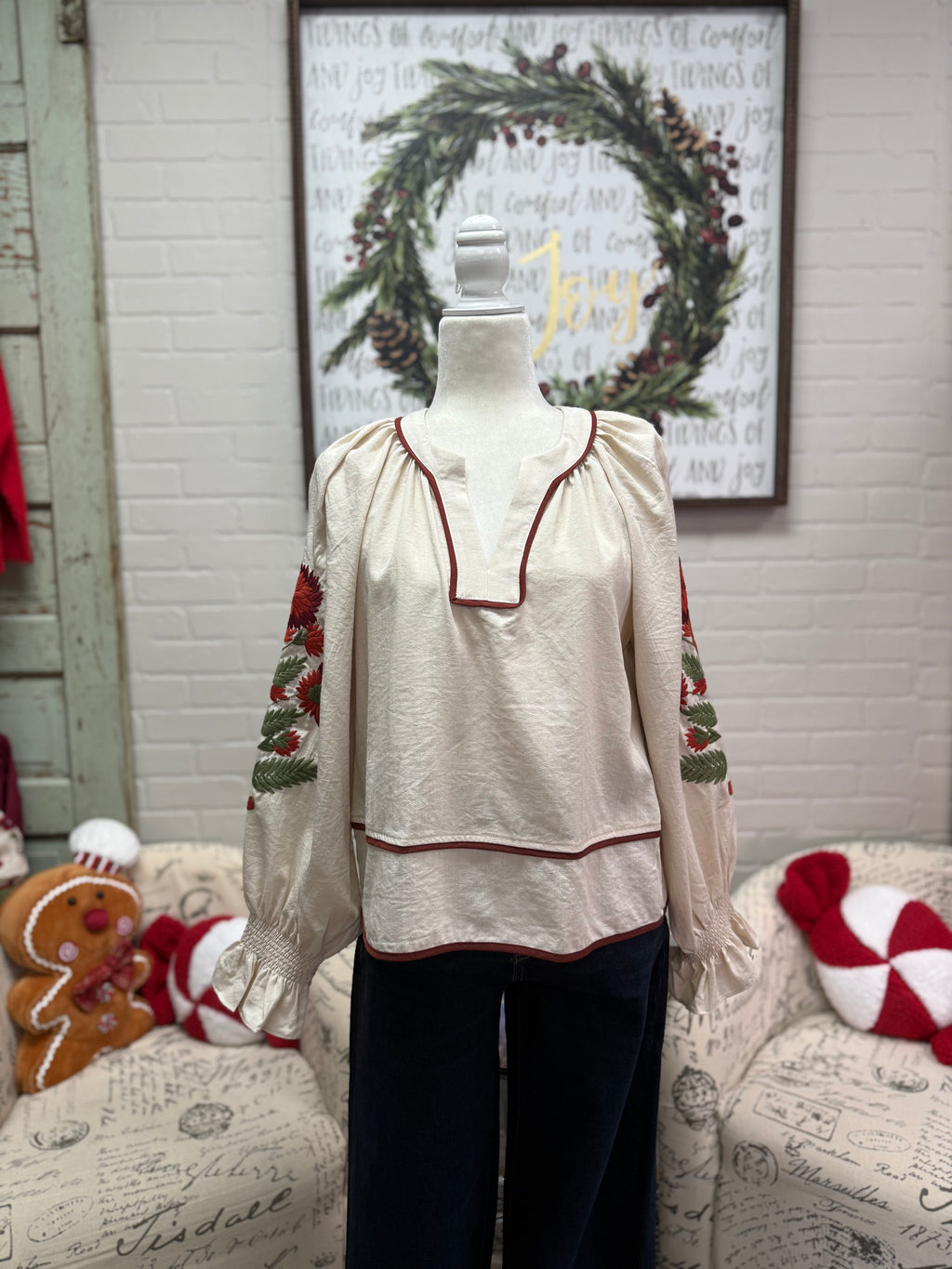 Ecru Top w/ Embroidered Sleeves