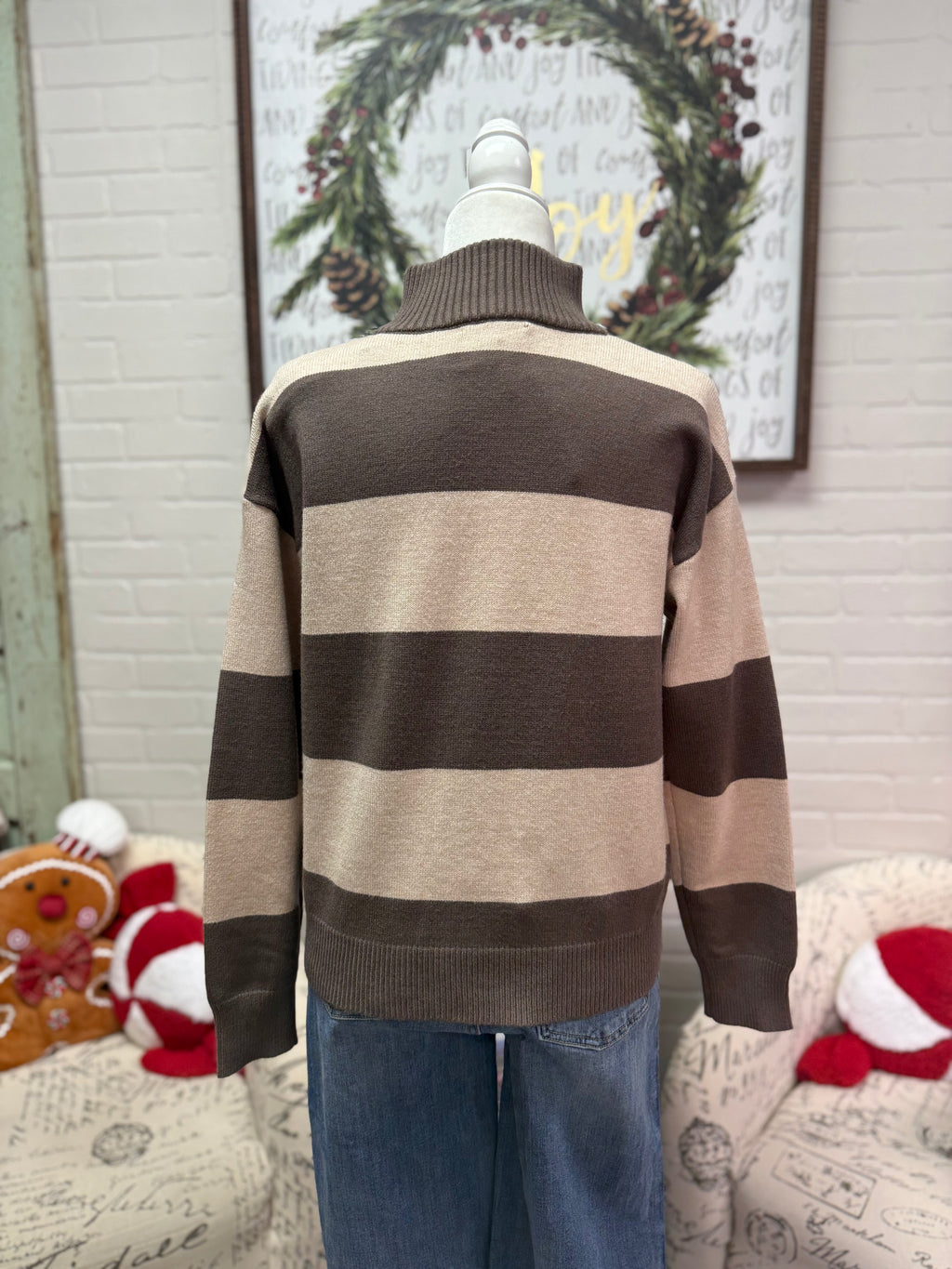 Mocha Striped Half-Zip Sweater