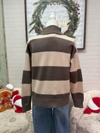 Mocha Striped Half-Zip Sweater