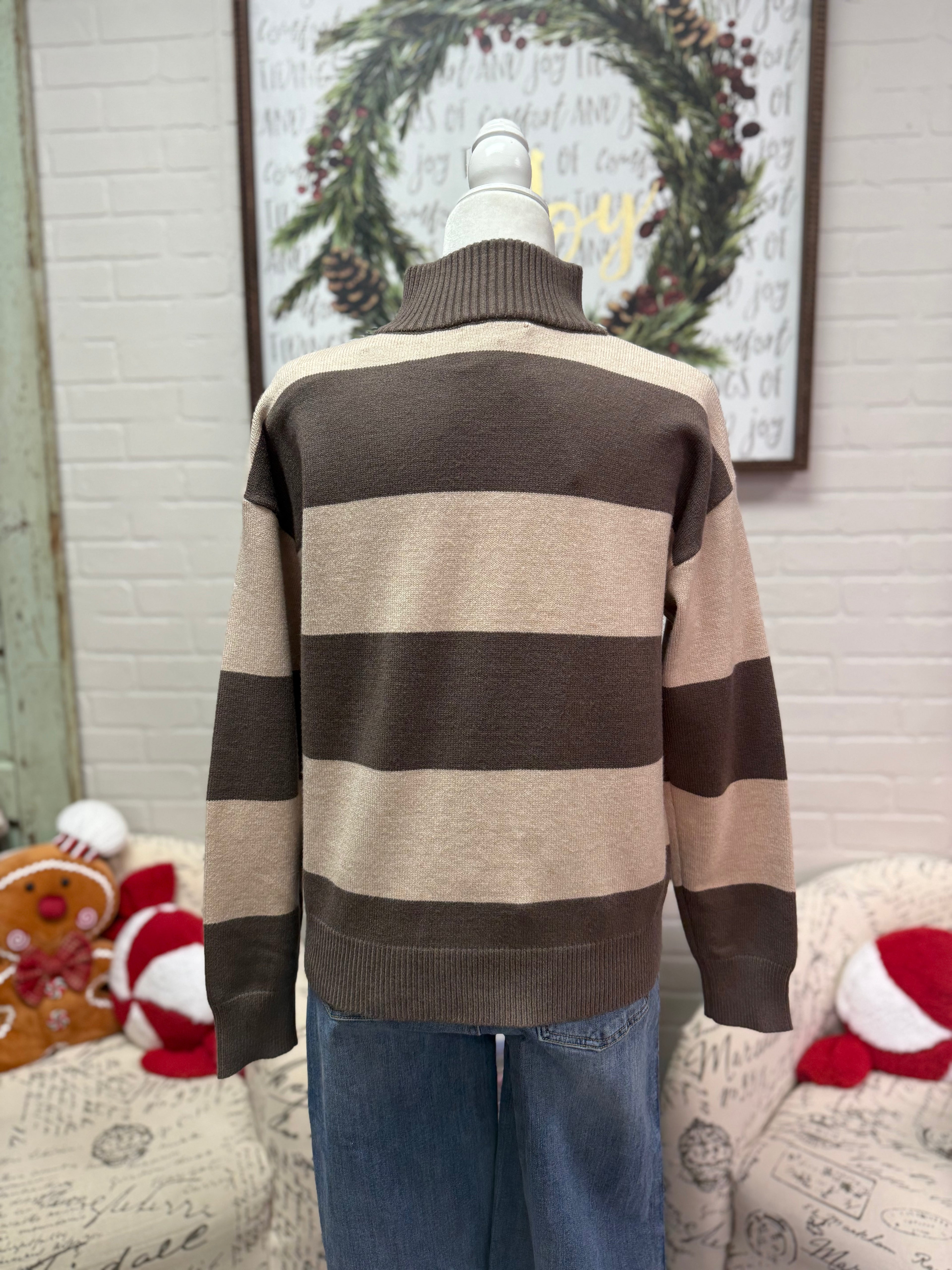 Mocha Striped Half-Zip Sweater