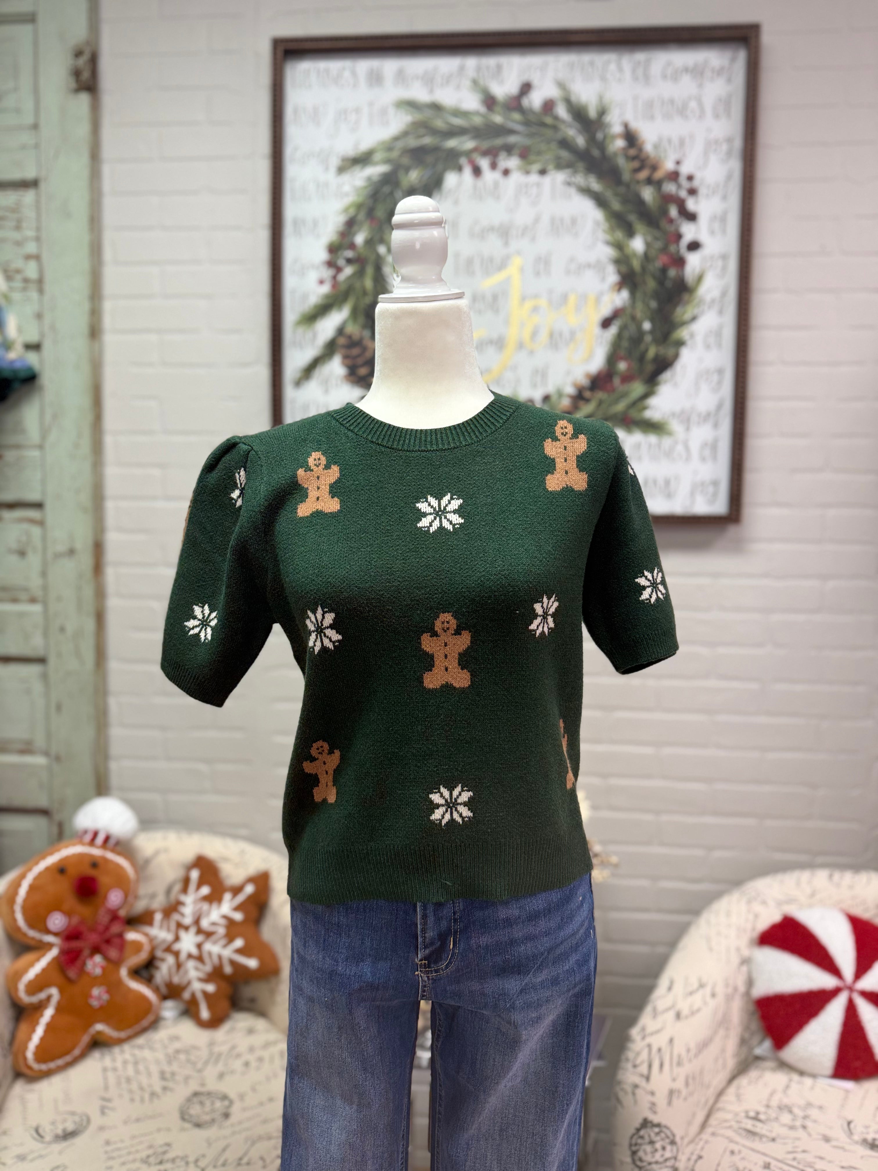 Green Gingerbread Puff Sleeve Sweater