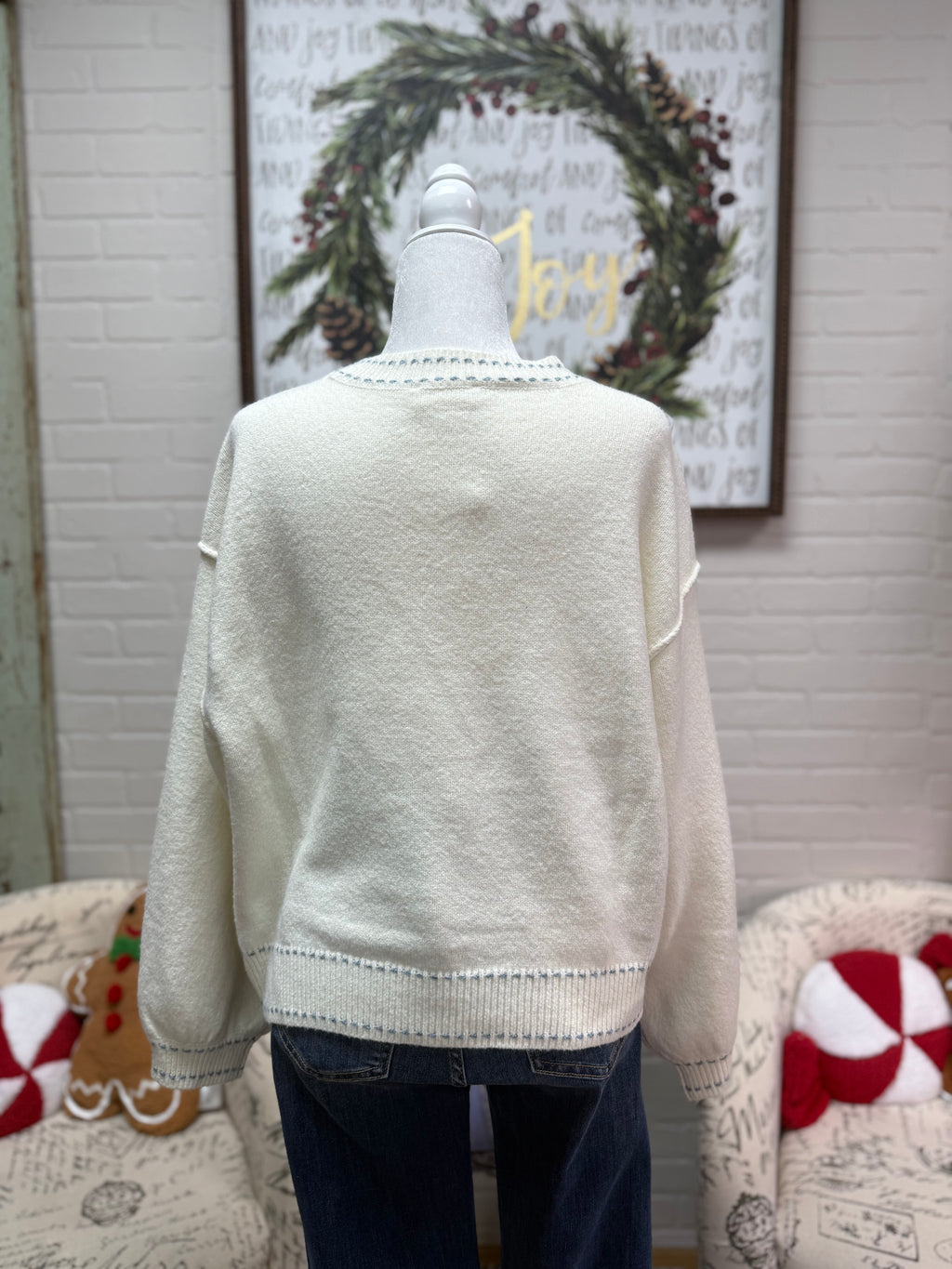 Cream Sweater w/ Blue Stitching