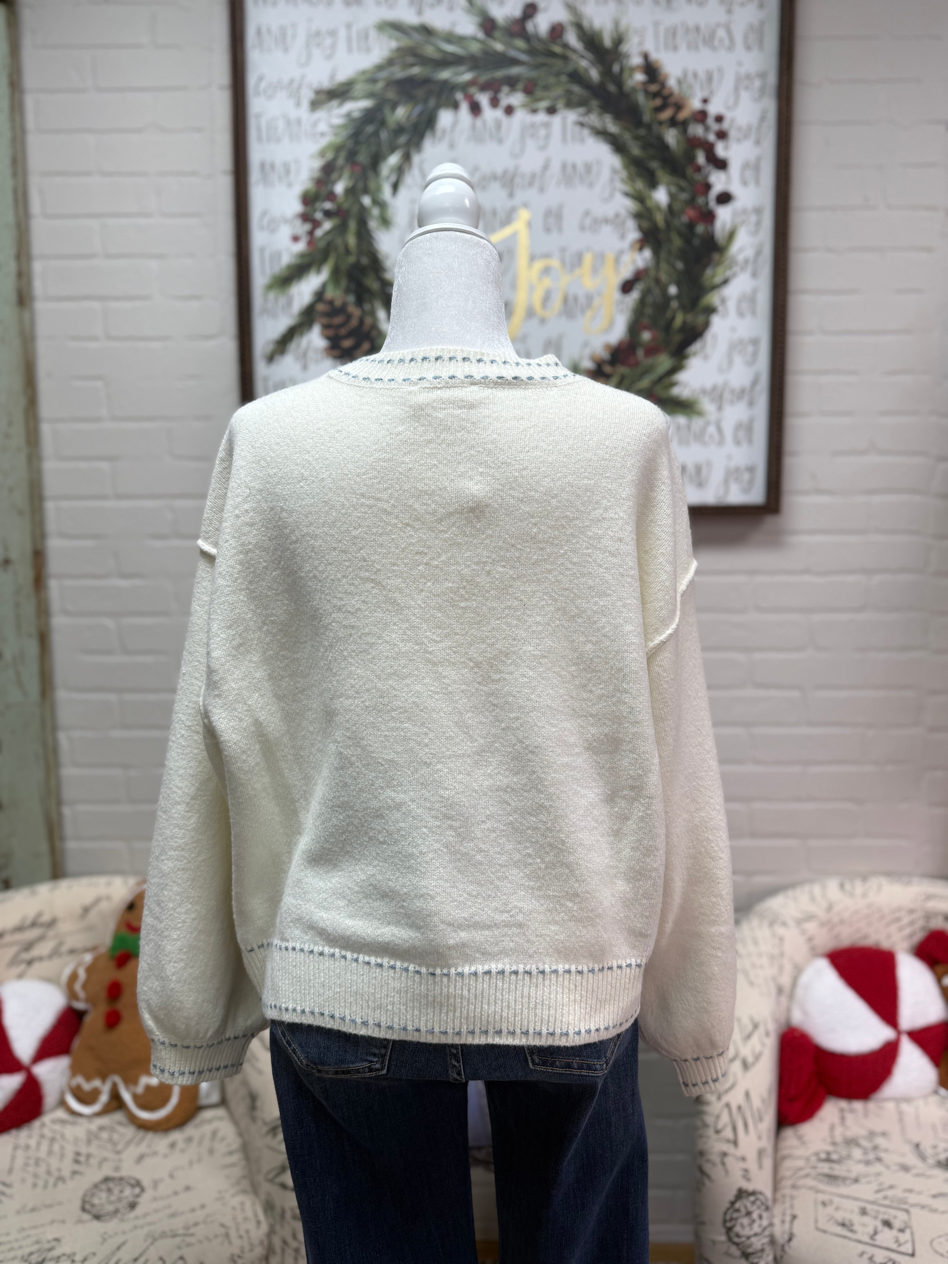 Cream Sweater w/ Blue Stitching