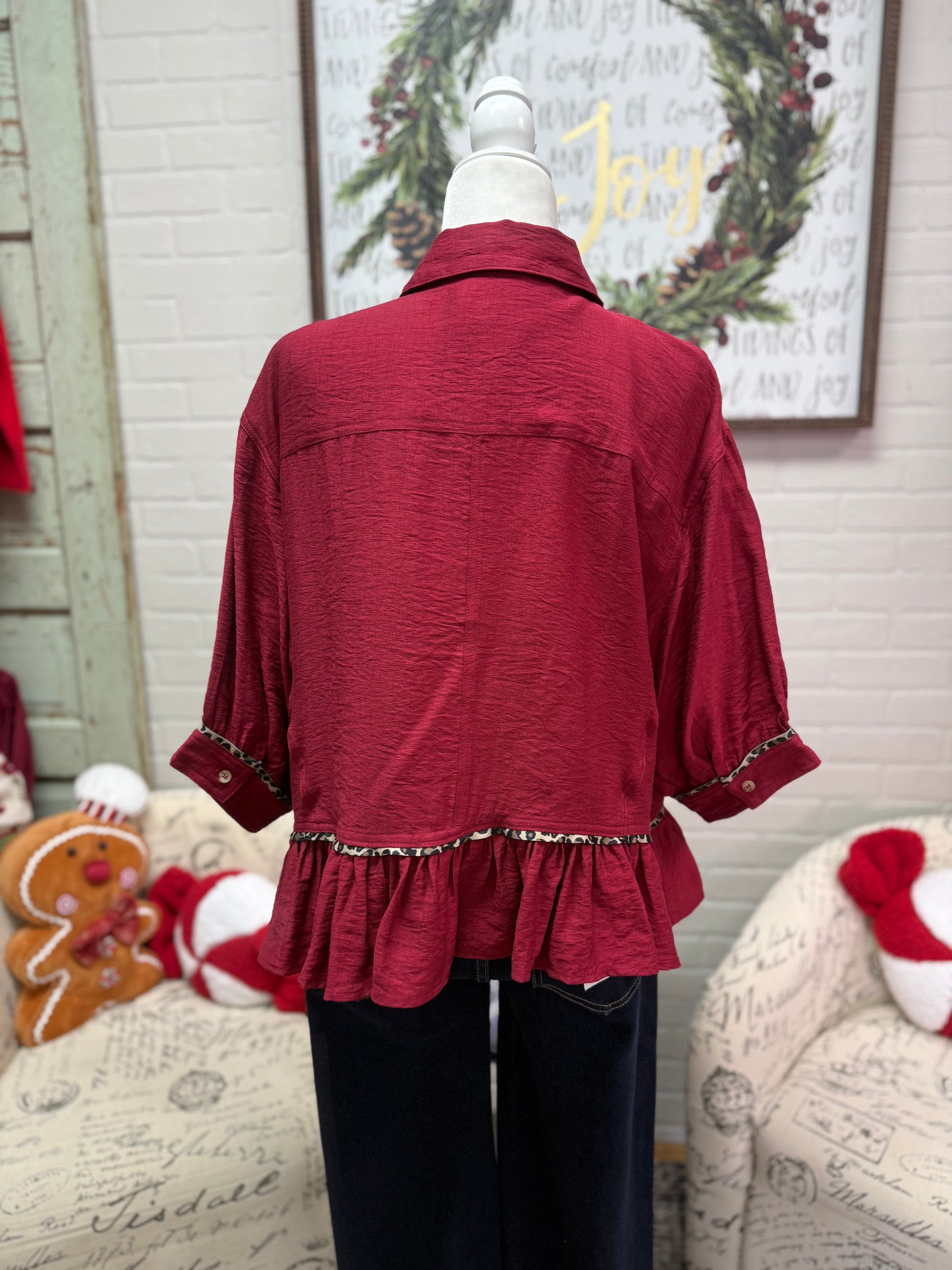 Crimson Button Down w/ Ruffle Hem