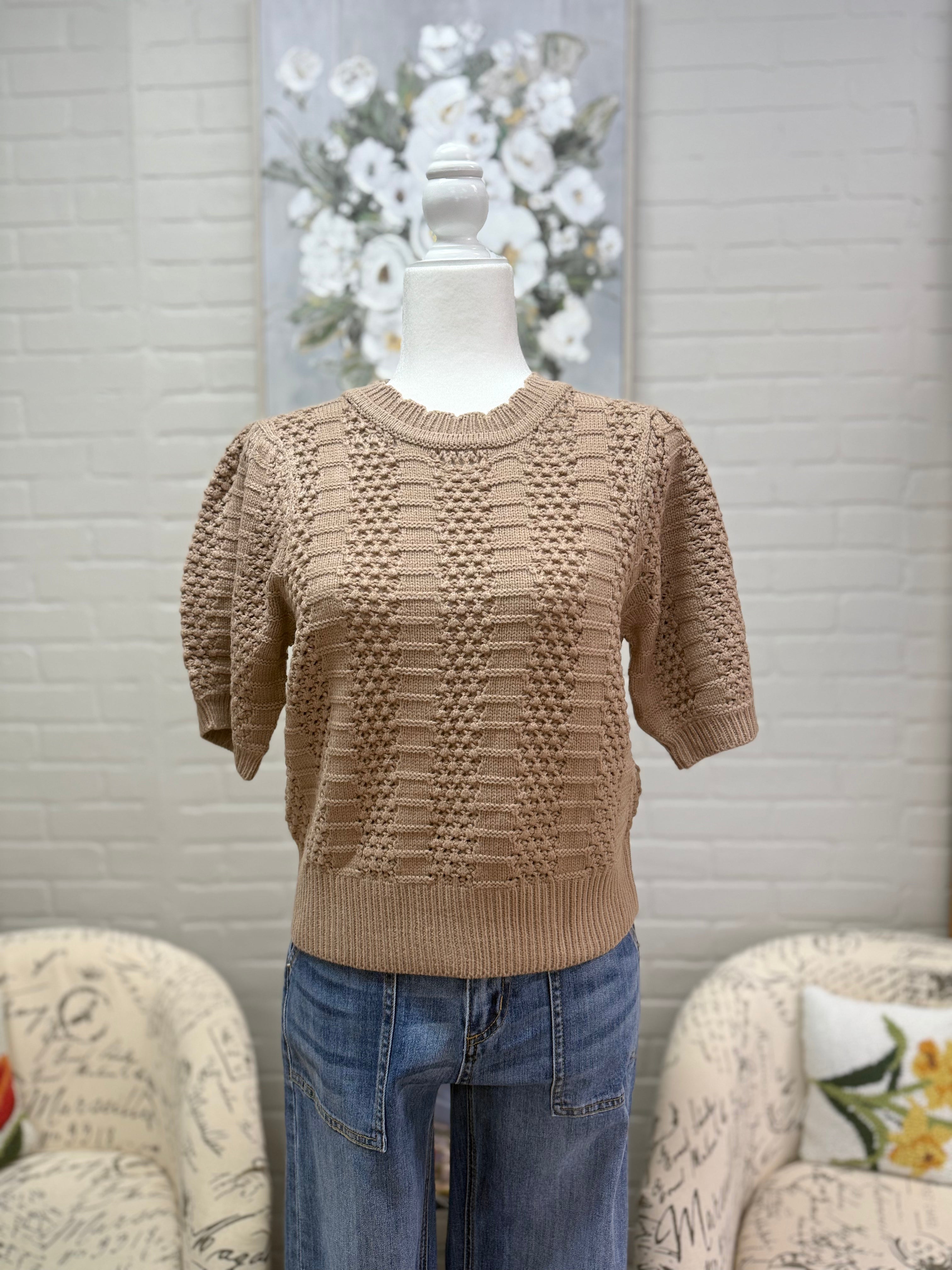 Taupe Crochet Puff Sleeved Sweater
