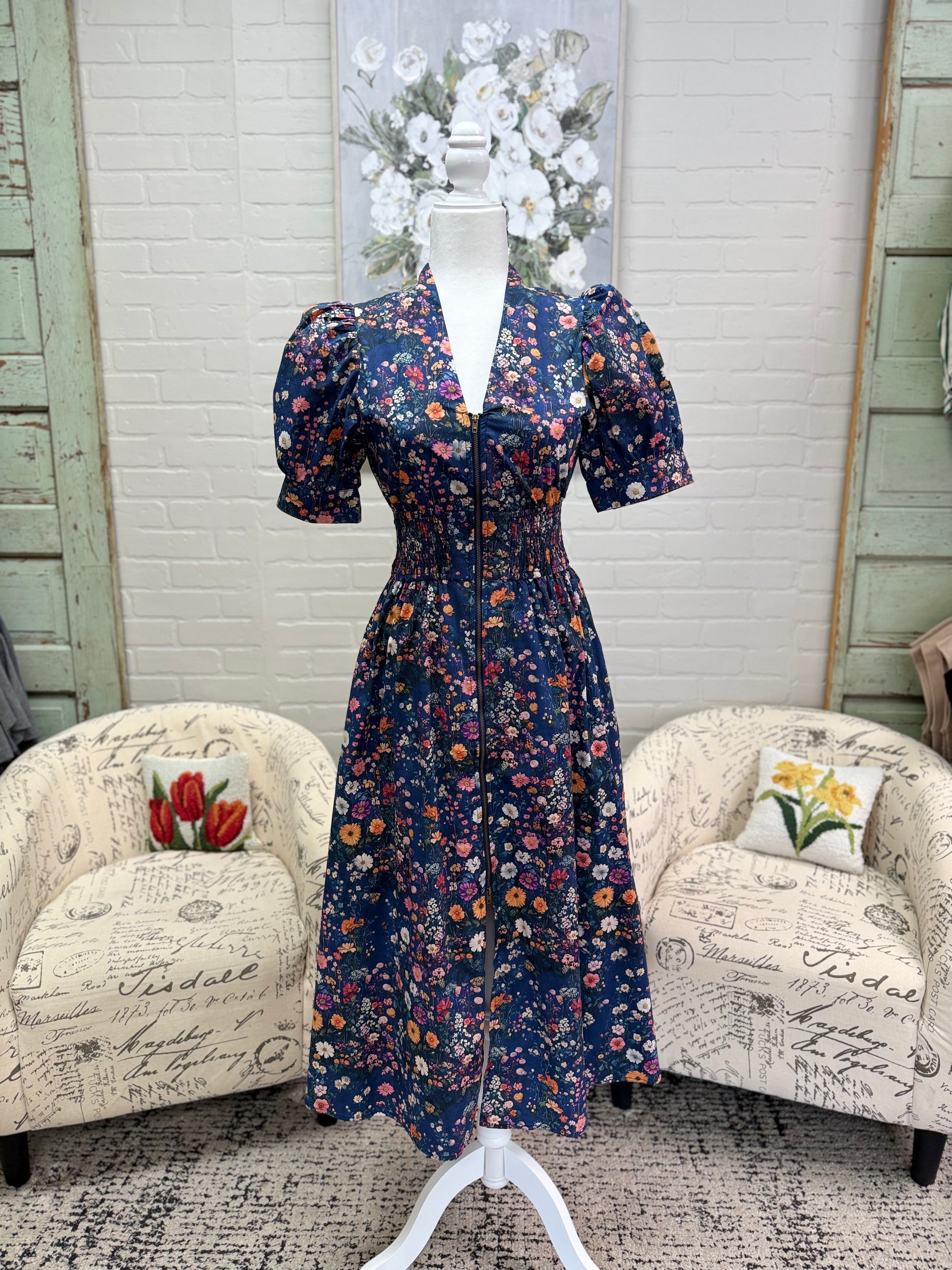 Navy Floral Midi Dress