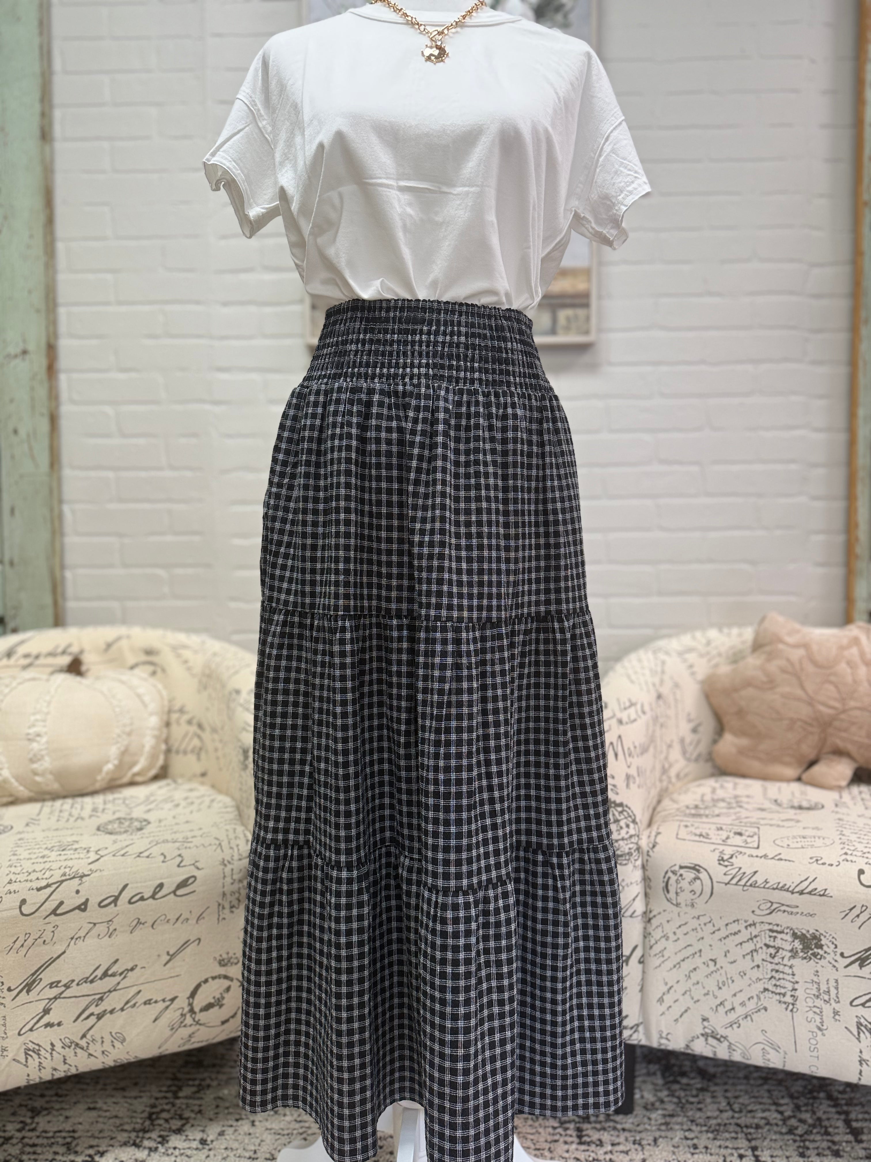 Black Plaid Midi Skirt