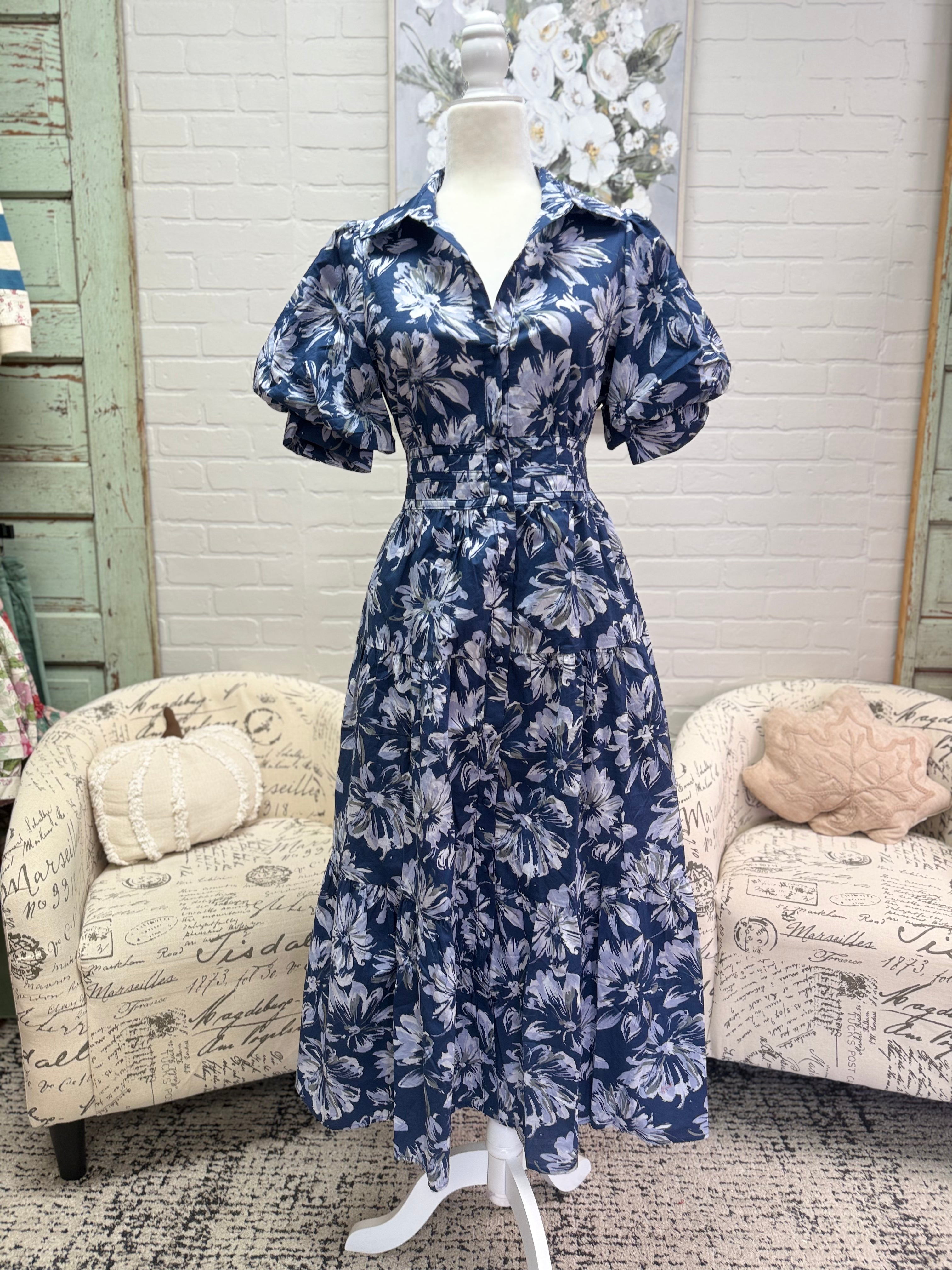 Navy Floral Ruched Midi Dress