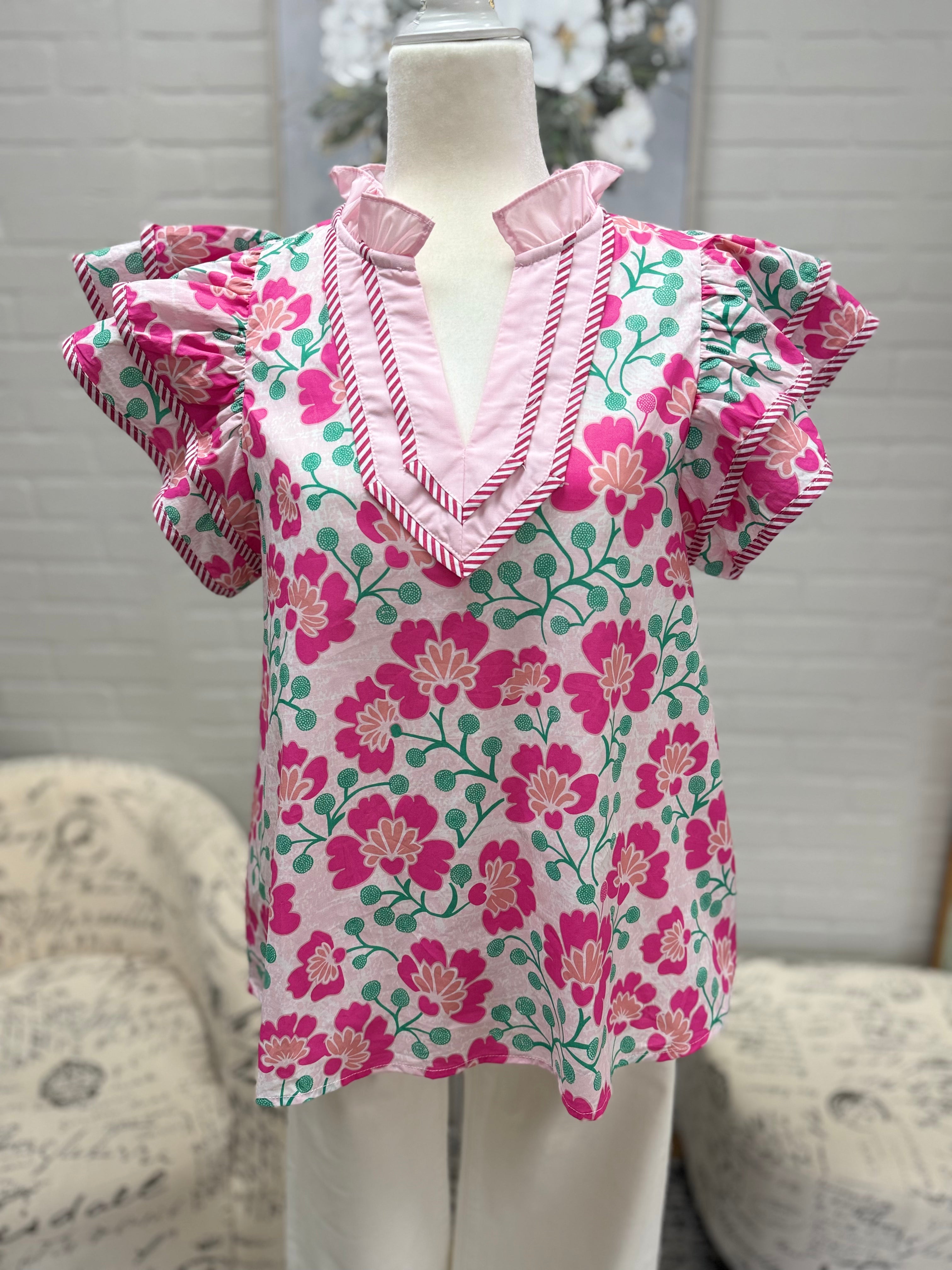 Pink Floral Flutter Sleeve Top
