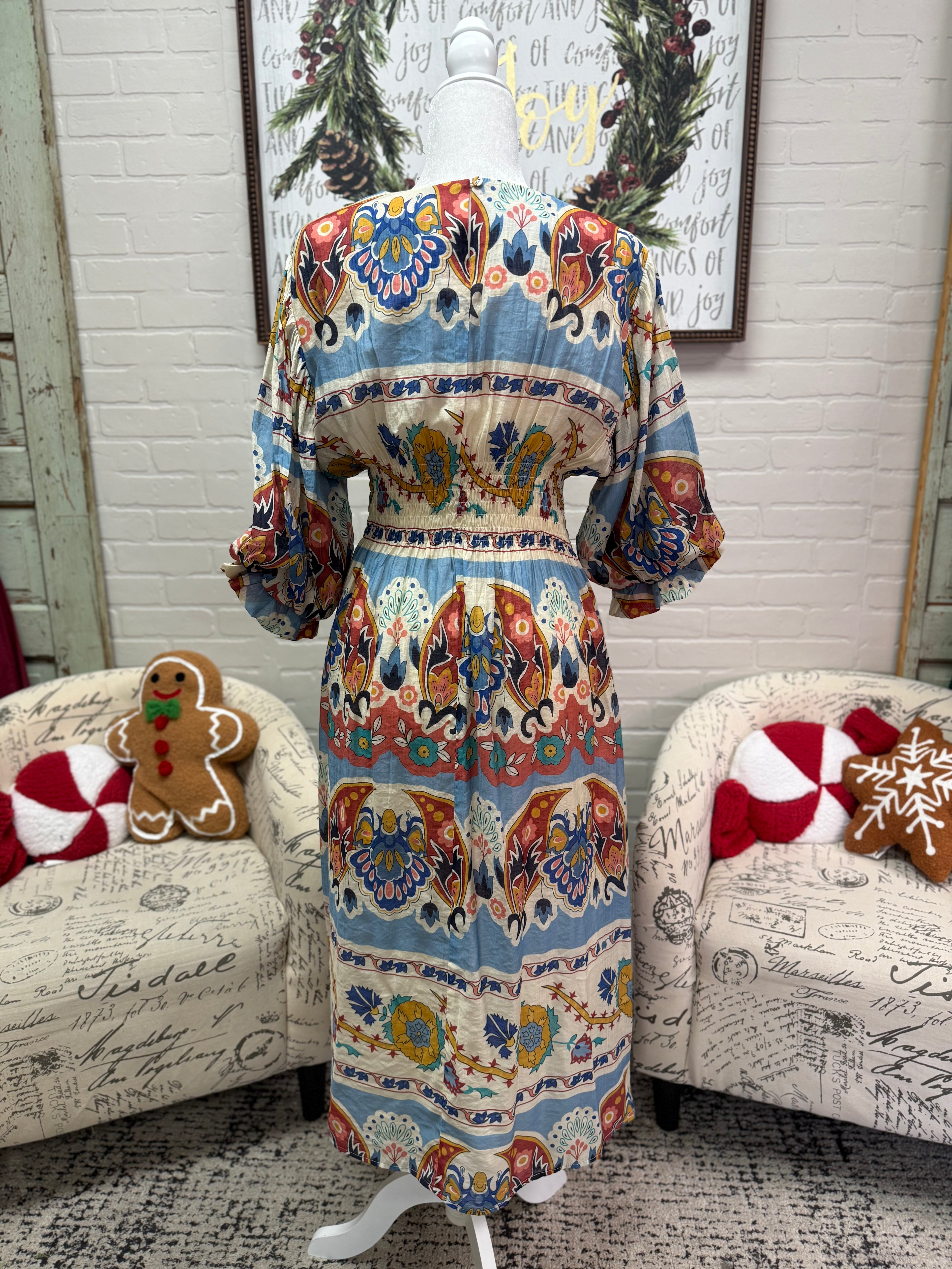 Colorful Midi Dress With Smocked Waist