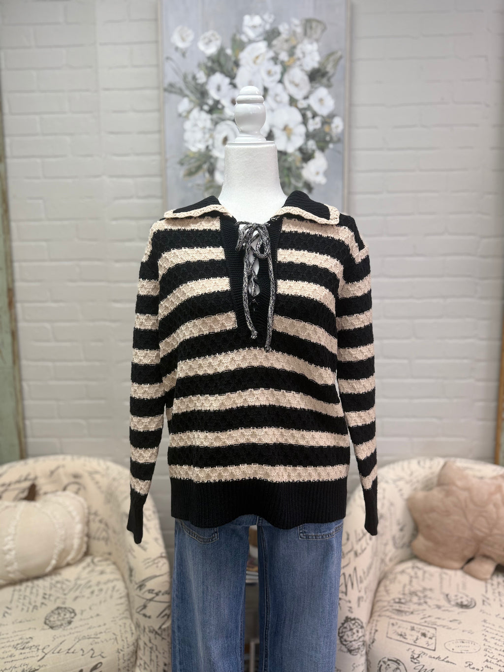 Black Stripe Lace Up Sweater