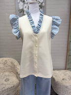 Cream Top w/ Blue Flutter Sleeve