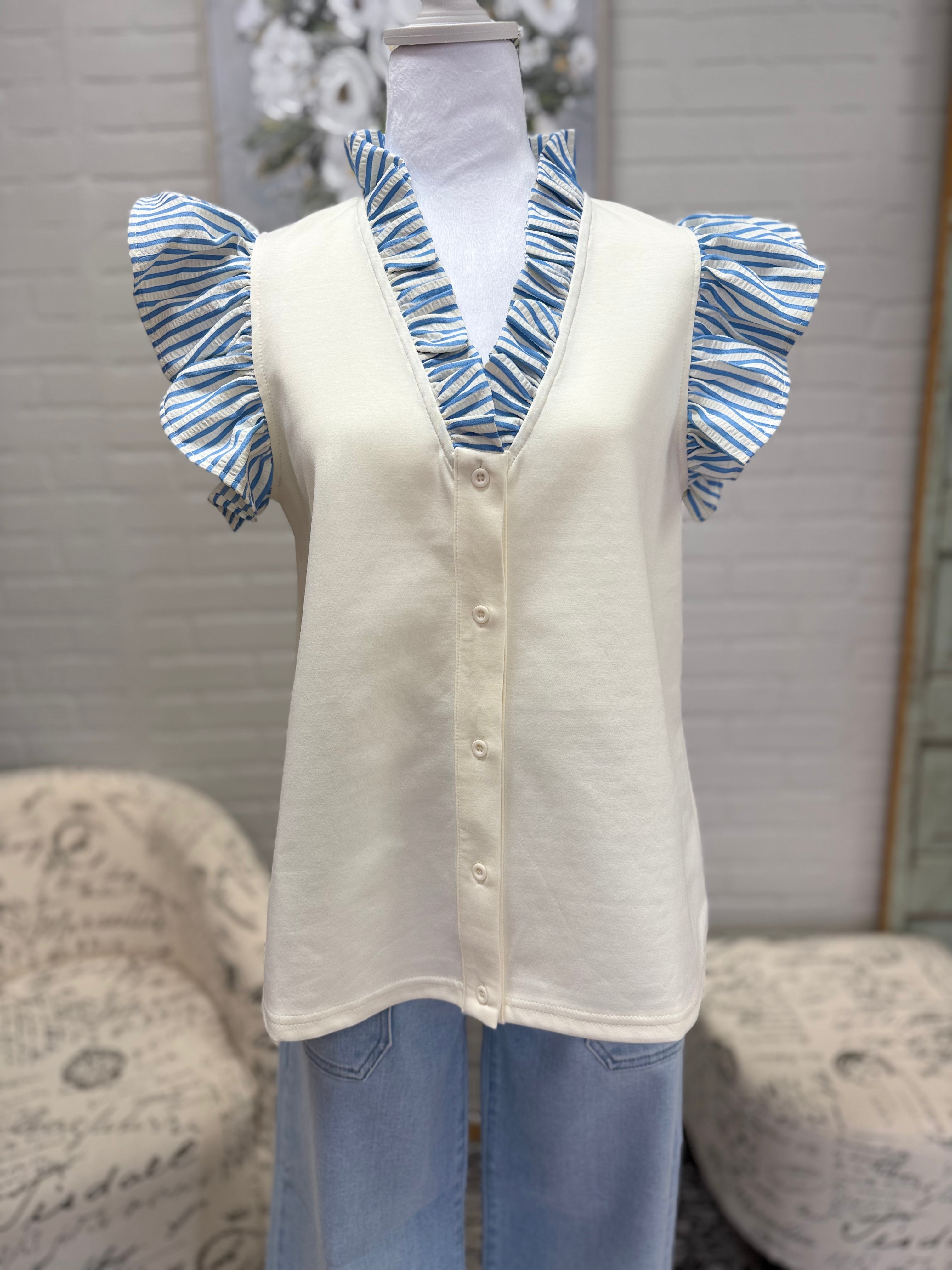 Cream Top w/ Blue Flutter Sleeve
