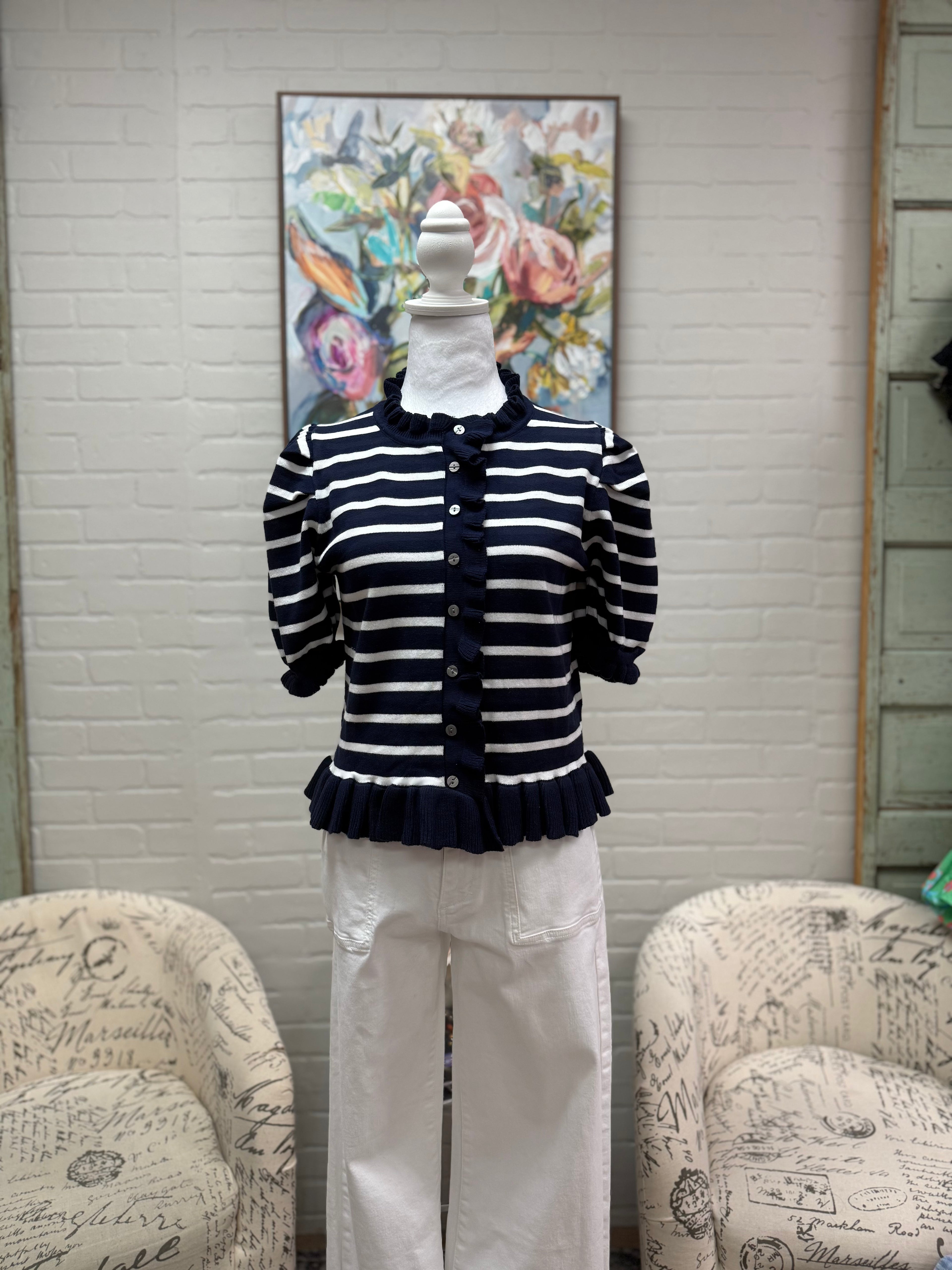 Navy Striped Short Sleeve Sweater