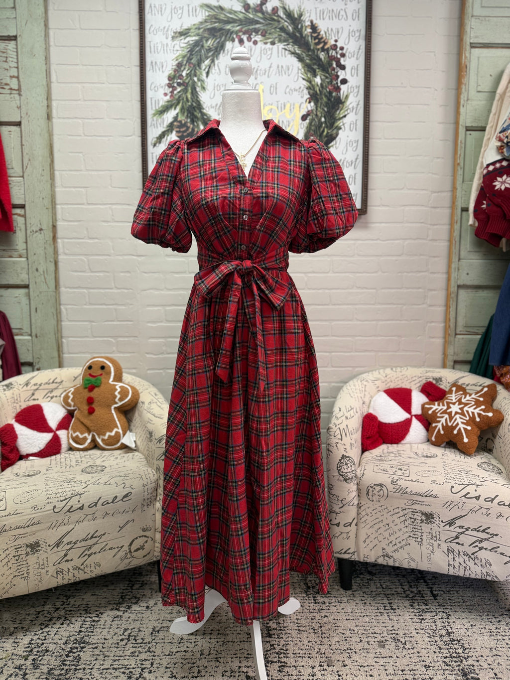 Red Plaid Midi Dress