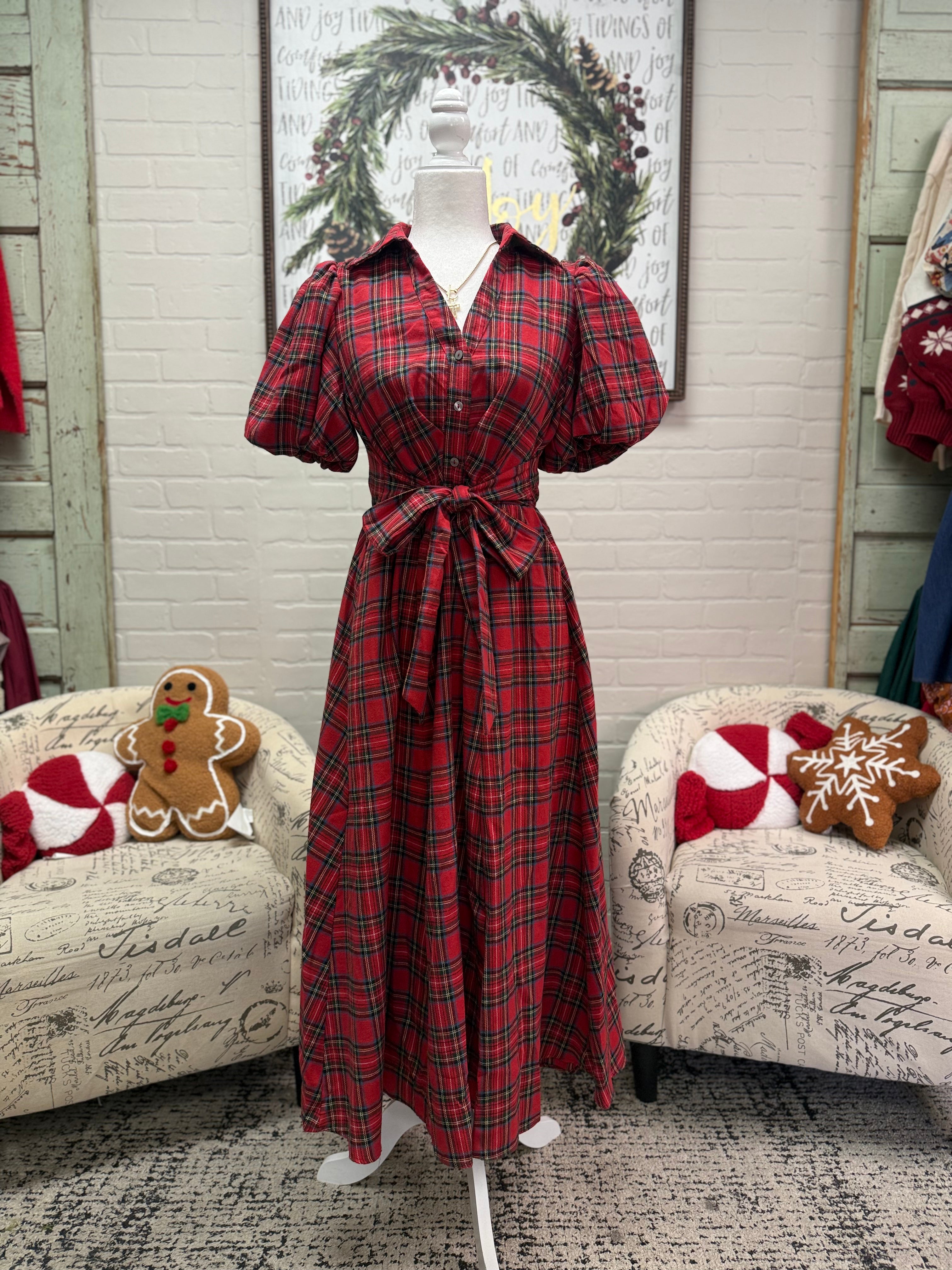 Red Plaid Midi Dress