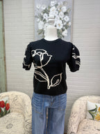 Black Floral Puff Sleeve Sweater
