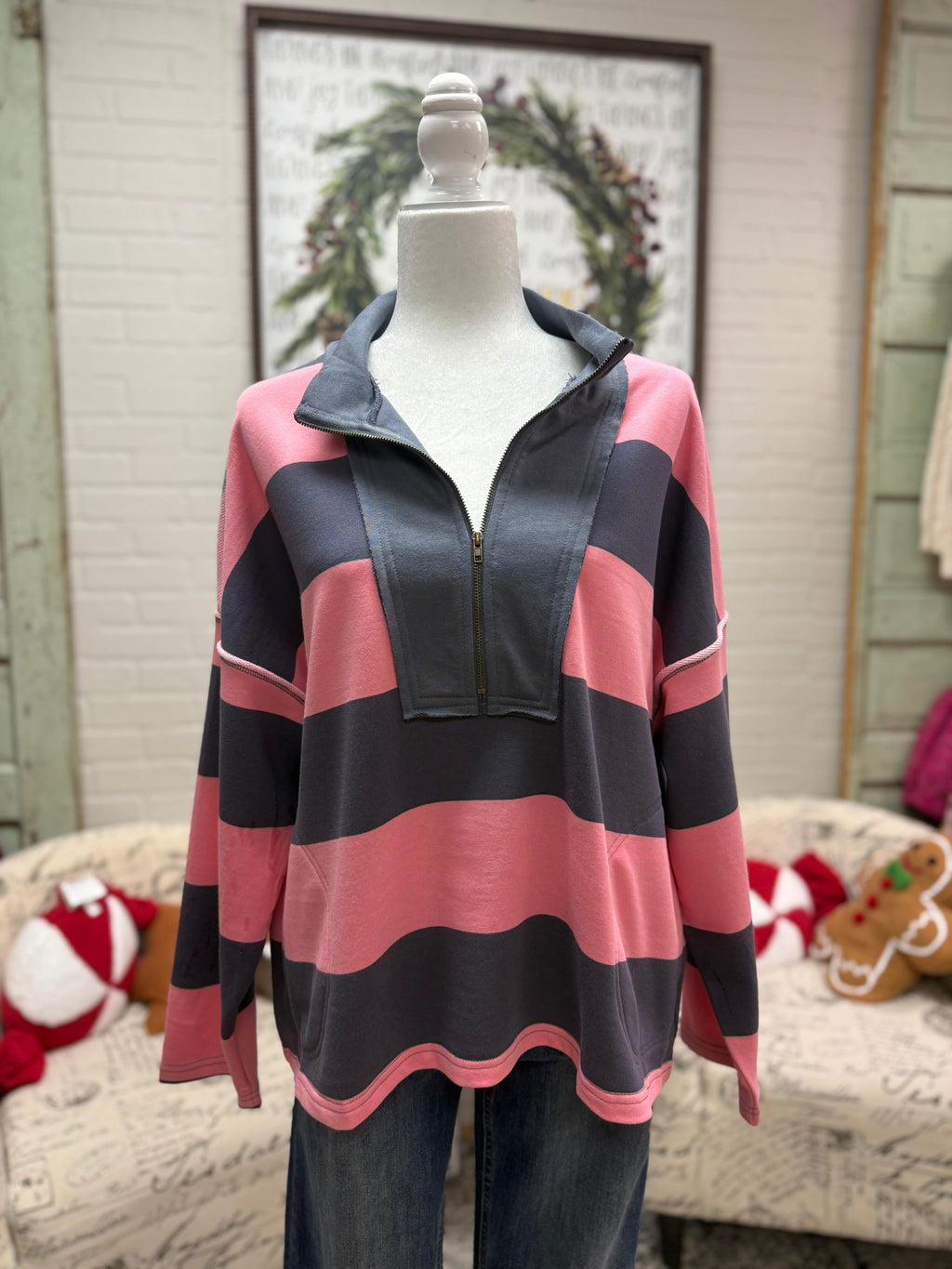 Pink & Navy Striped Half-Zip