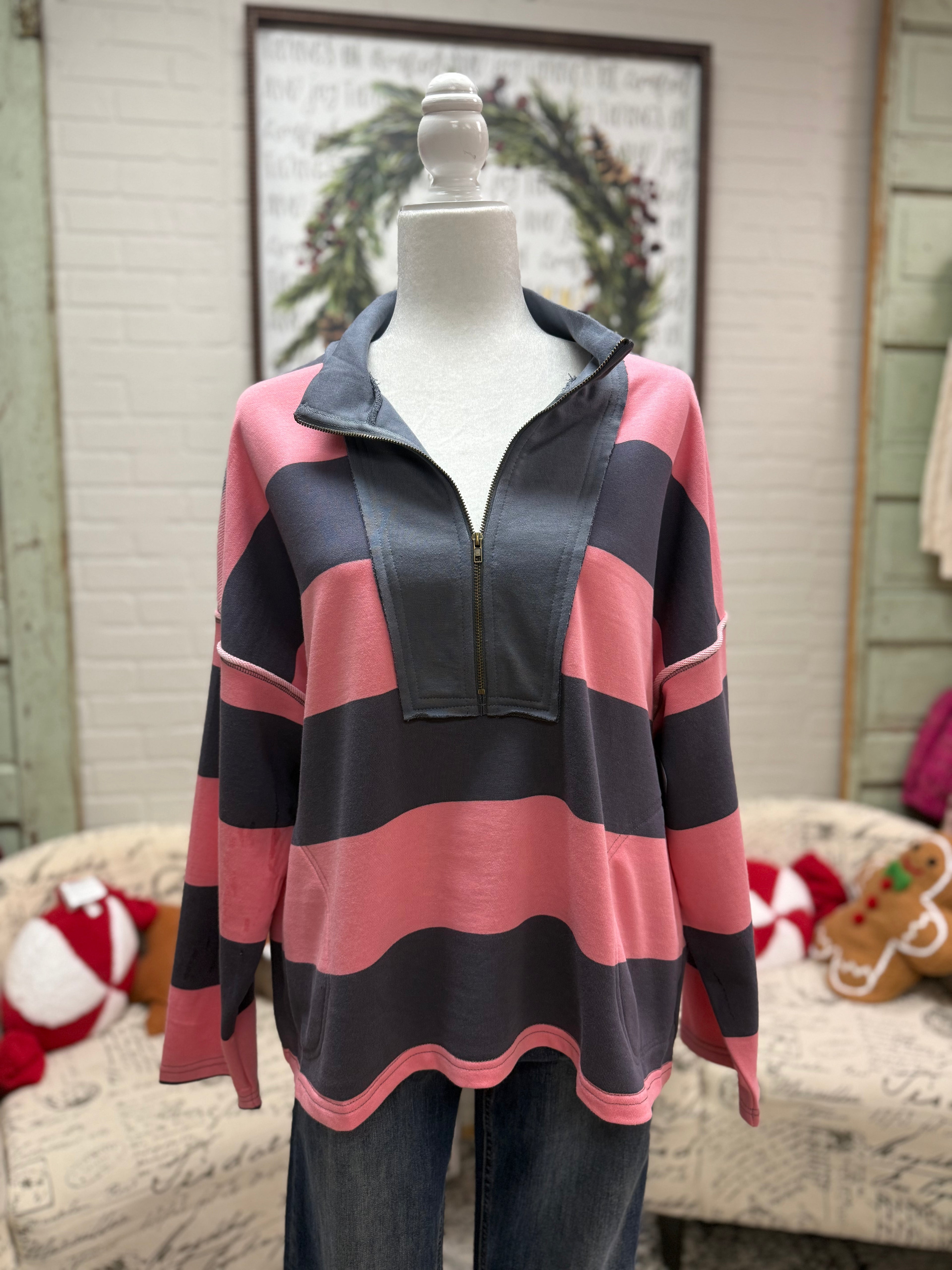 Pink & Navy Striped Half-Zip