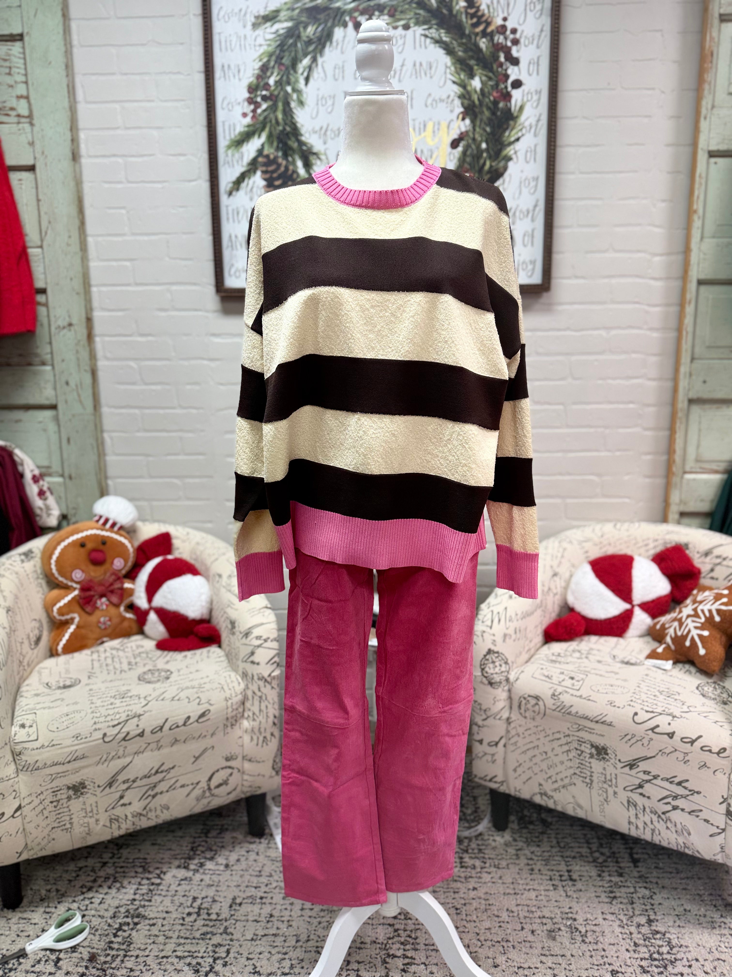 Chocolate Striped Top w/ Pink
