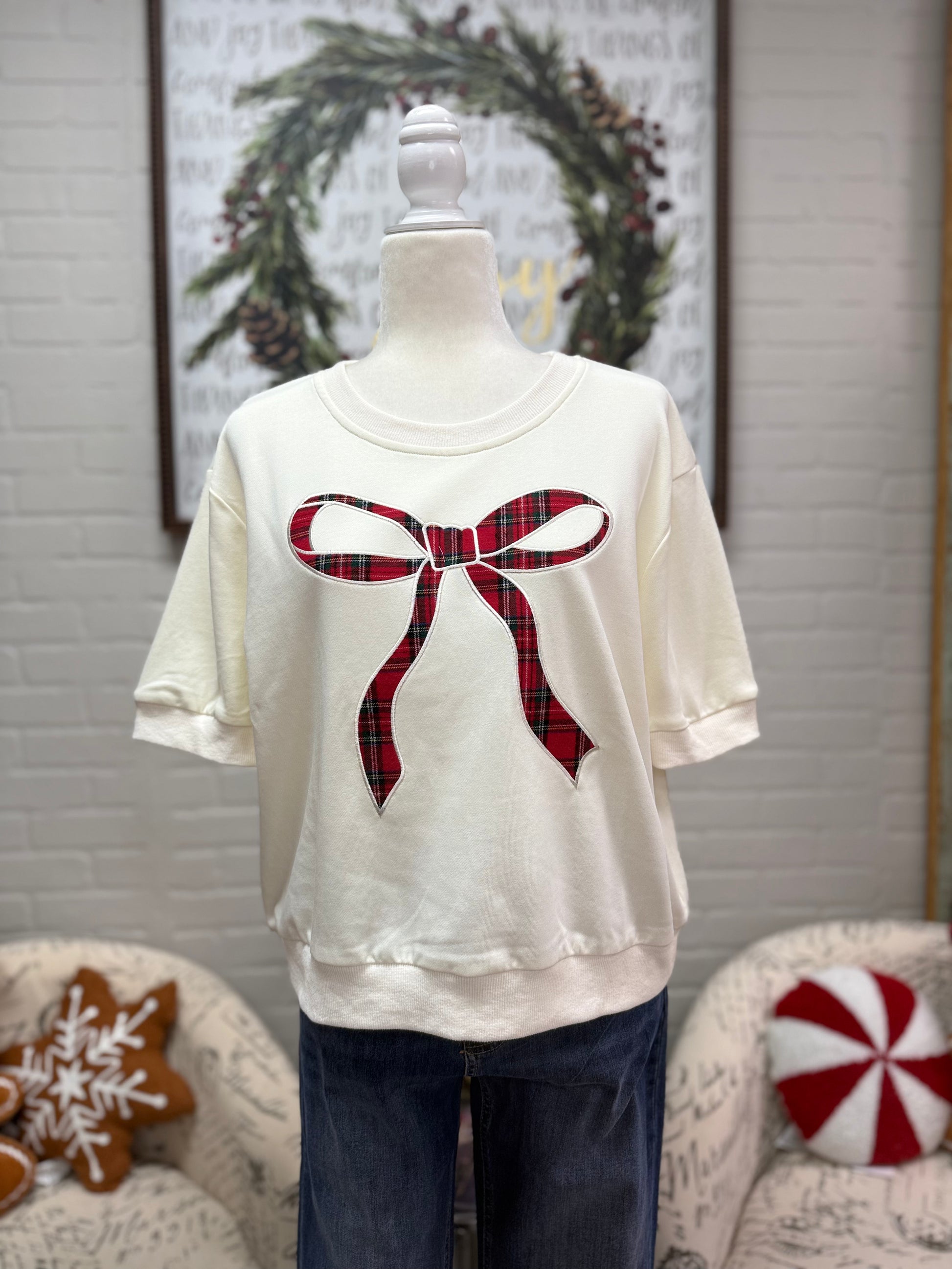 Cream Plaid Bow Knit Top