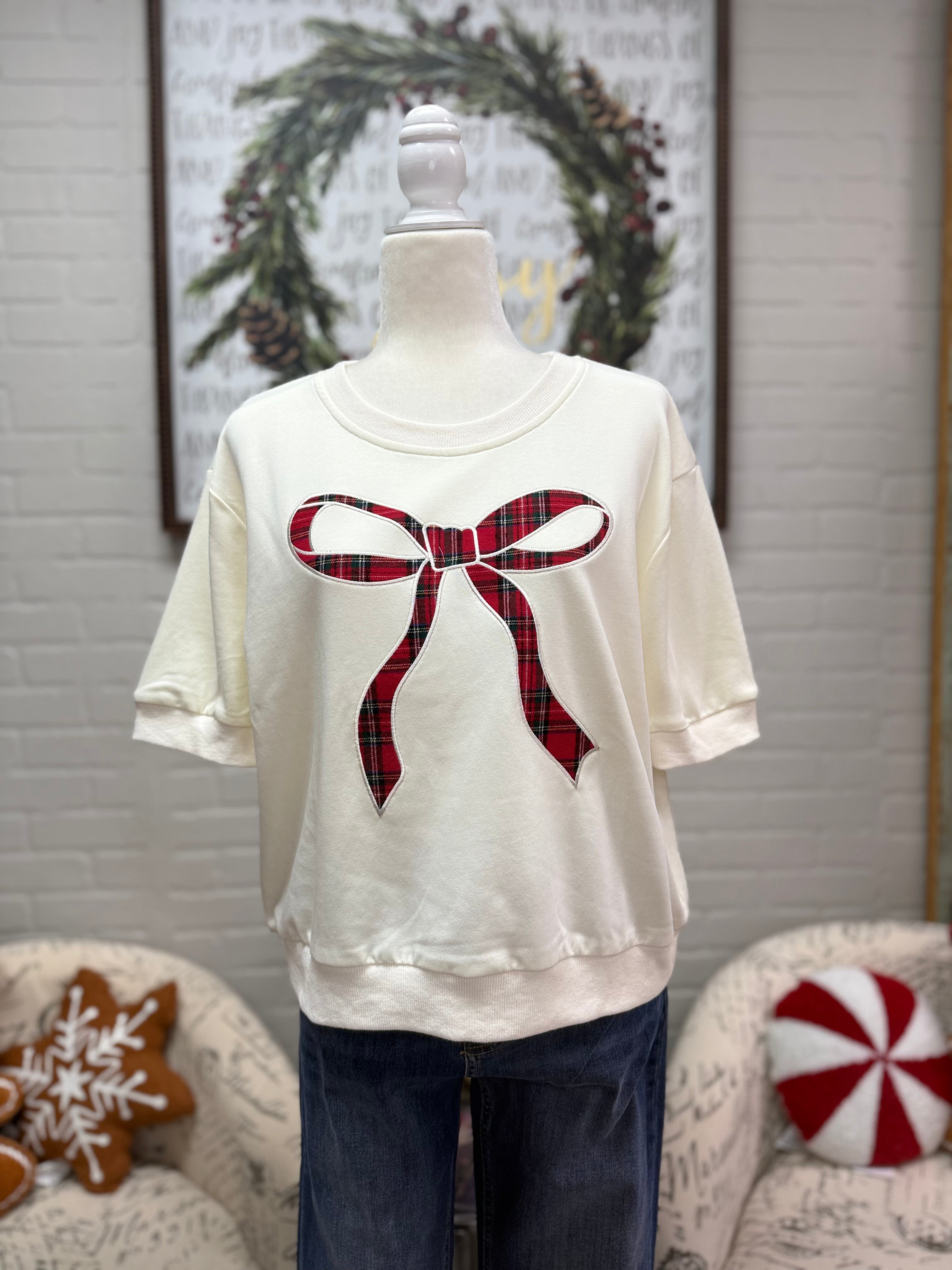 Cream Plaid Bow Knit Top