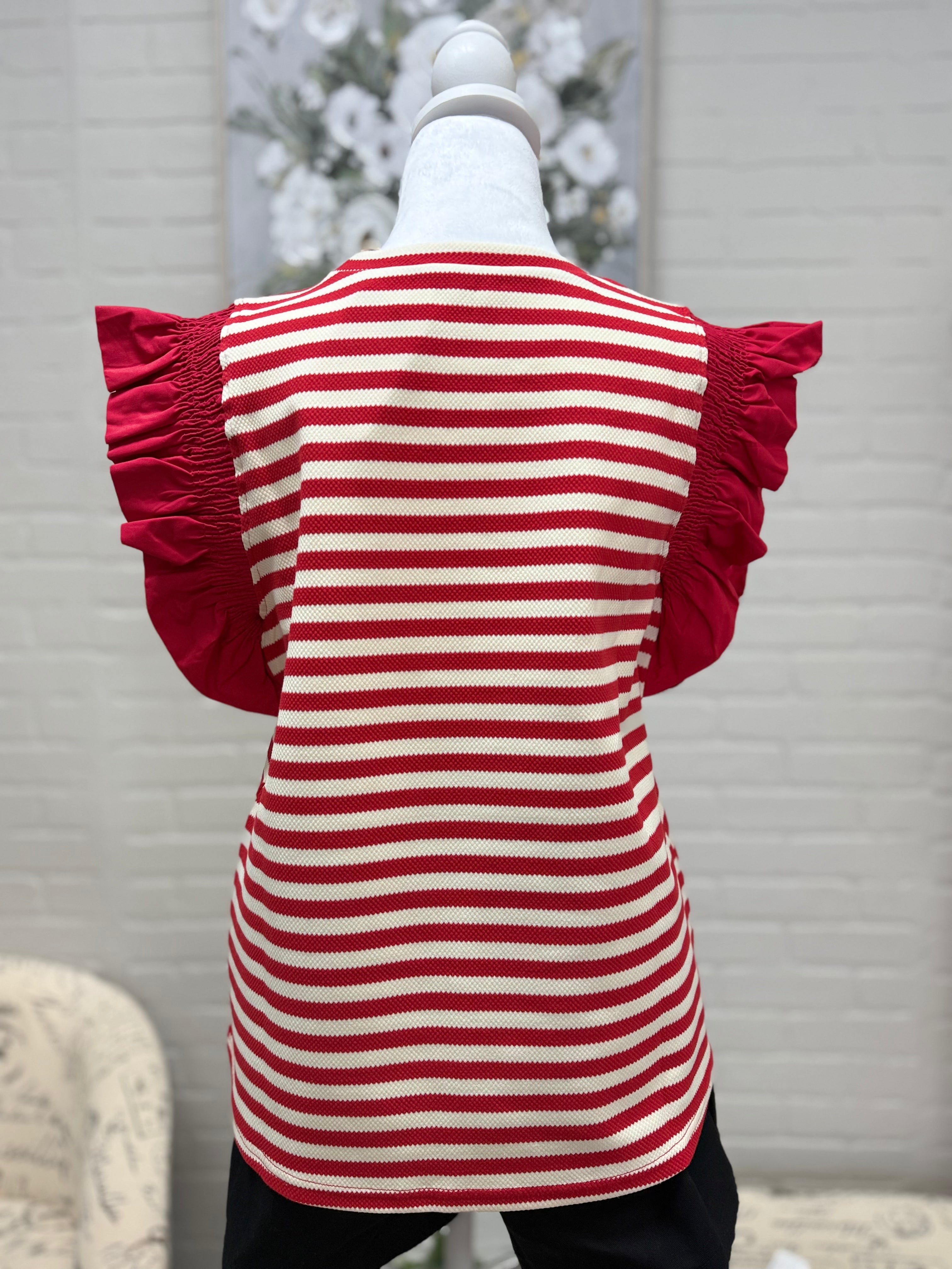 Red Striped Flutter Sleeve Top