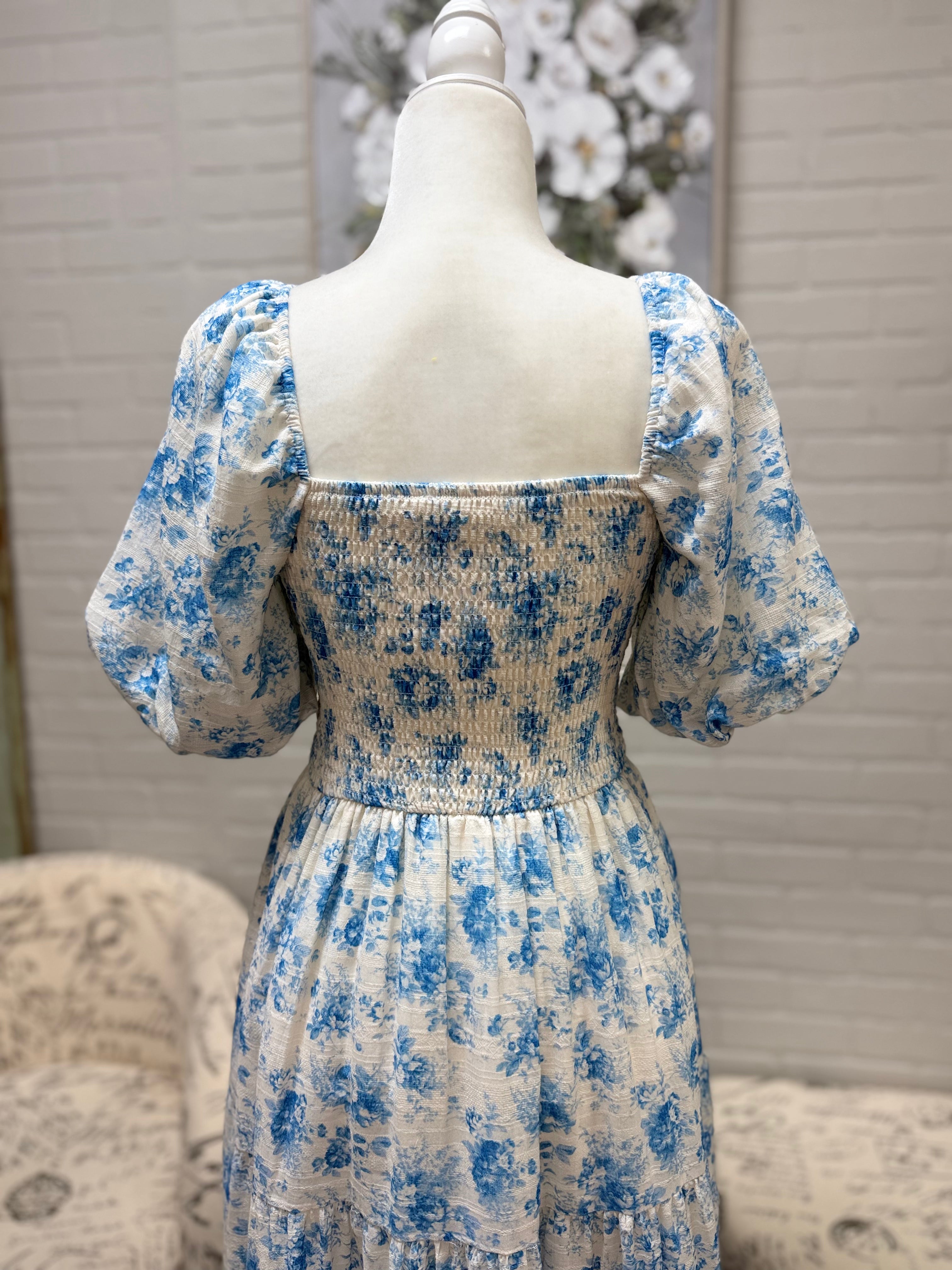Blue Floral Puff Sleeved Midi