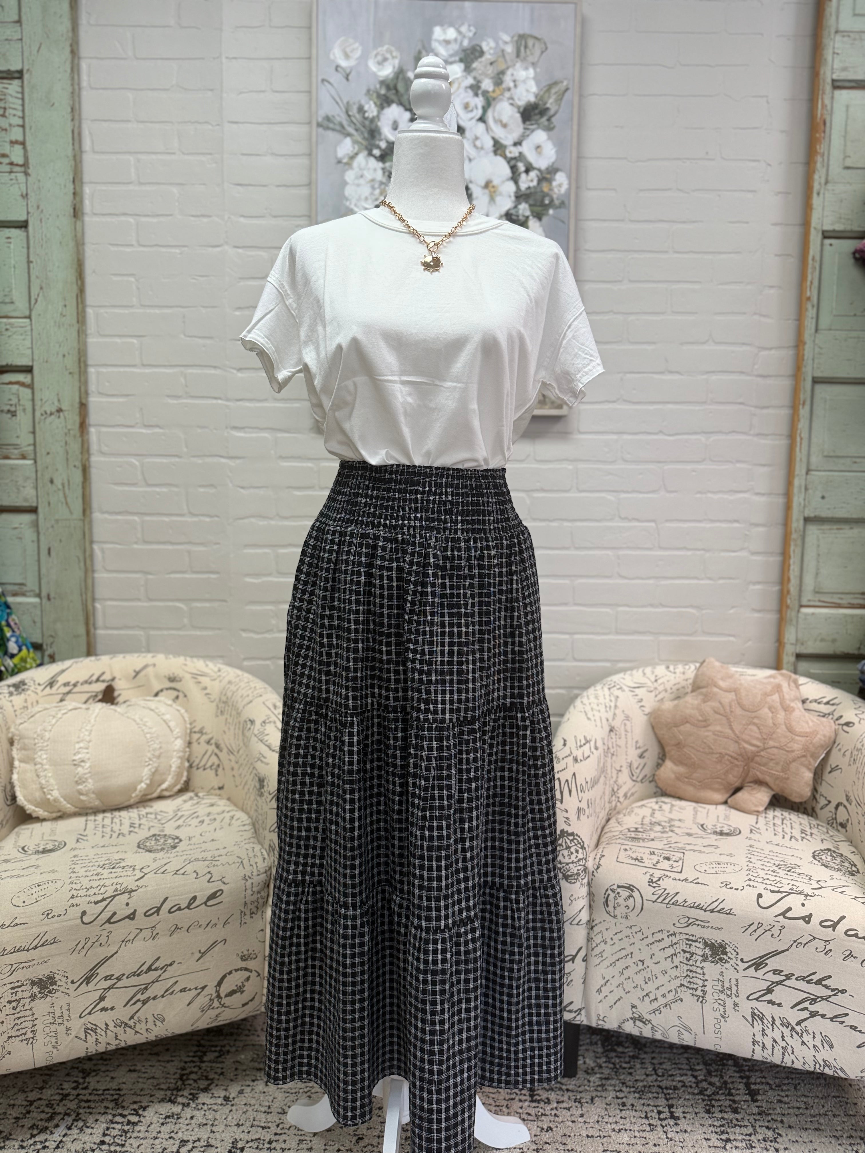 Black Plaid Midi Skirt