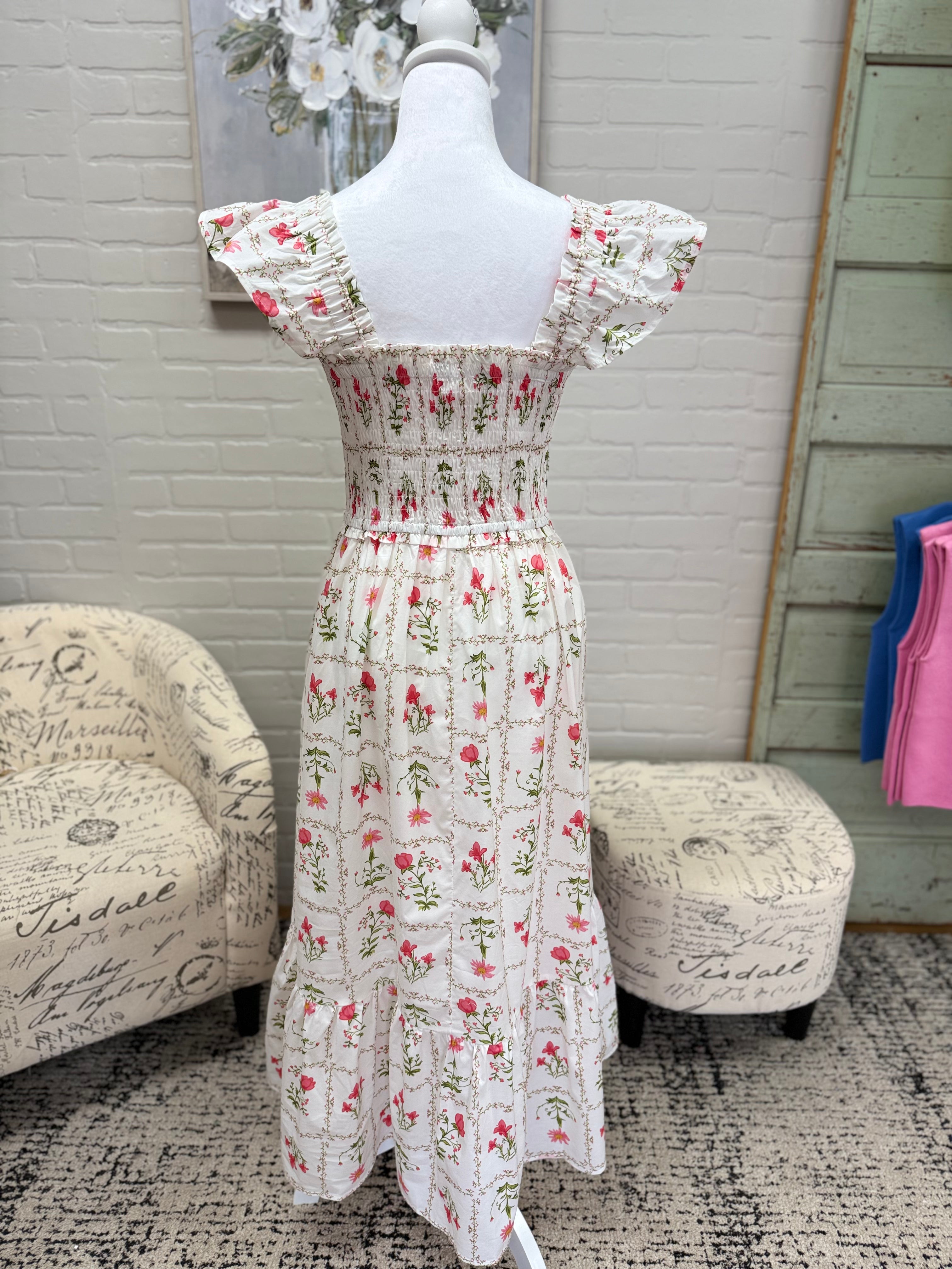 Cream Floral Midi Dress