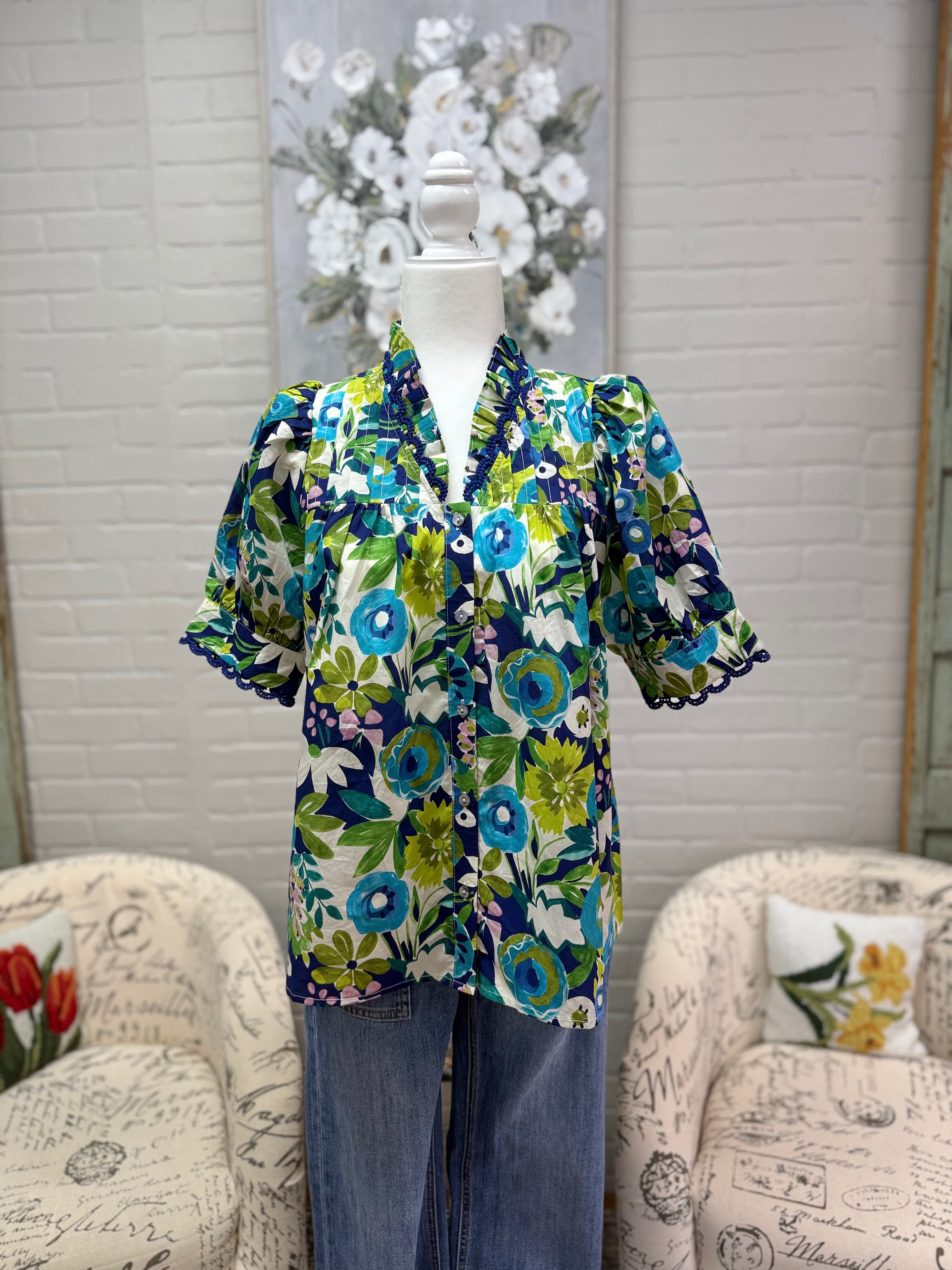 Navy Multi-Floral Top