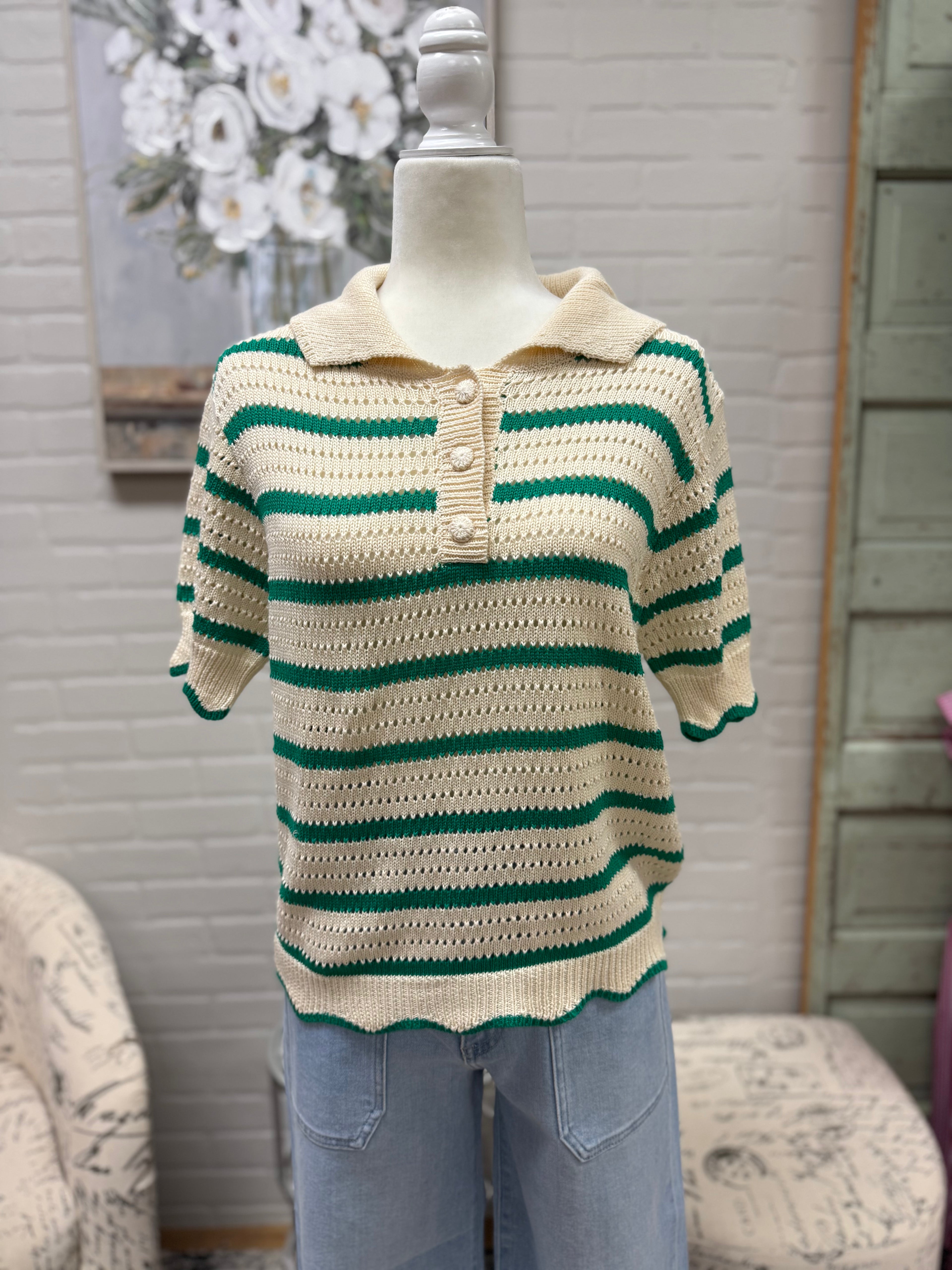 Green Striped Scalloped Sweater