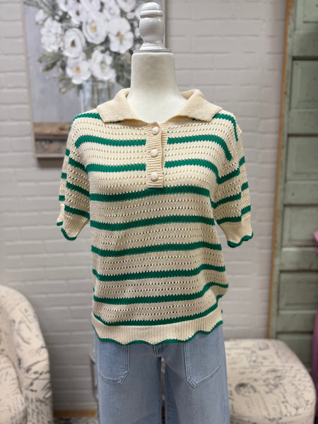 Green Striped Scalloped Sweater