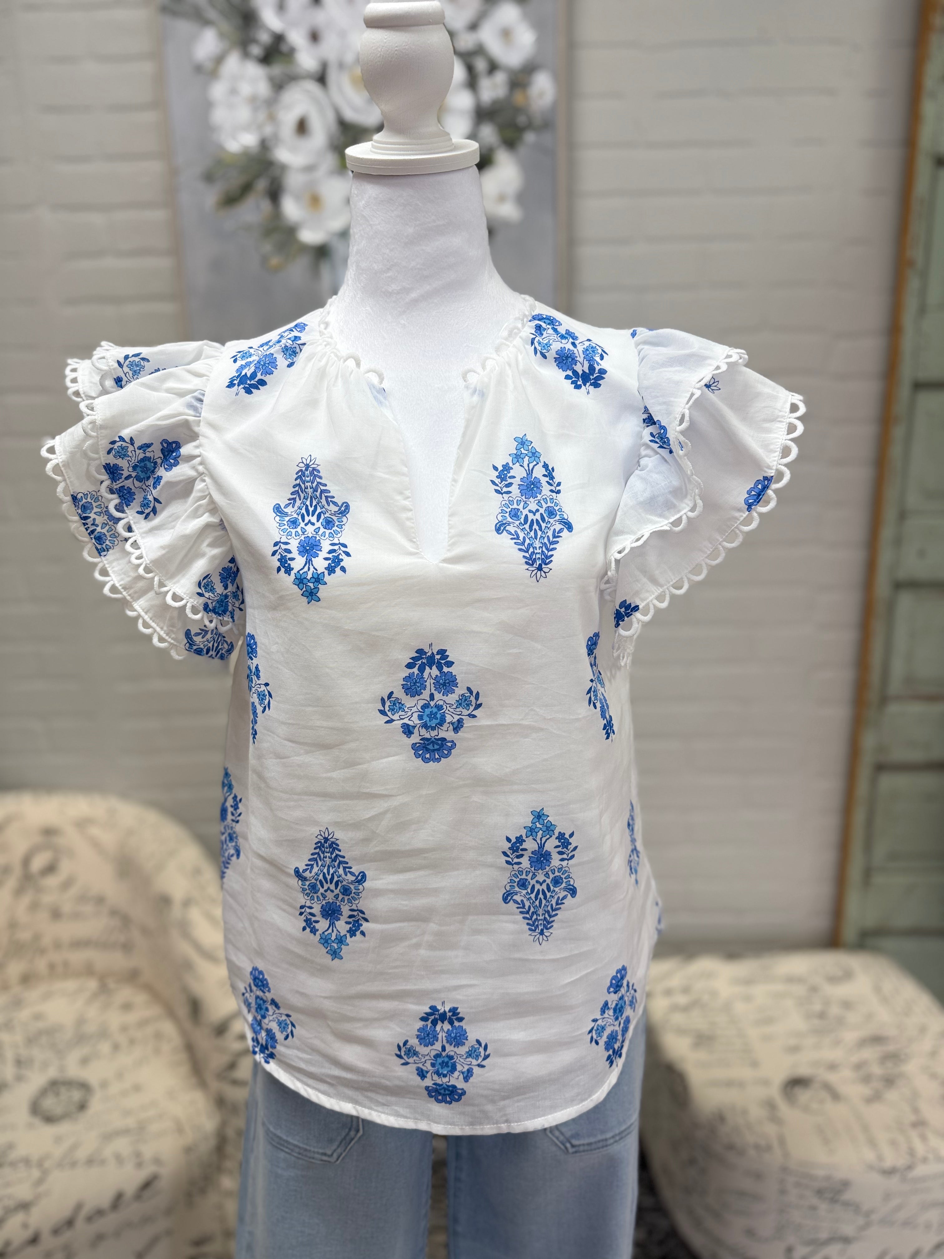 White and Blue Floral Top
