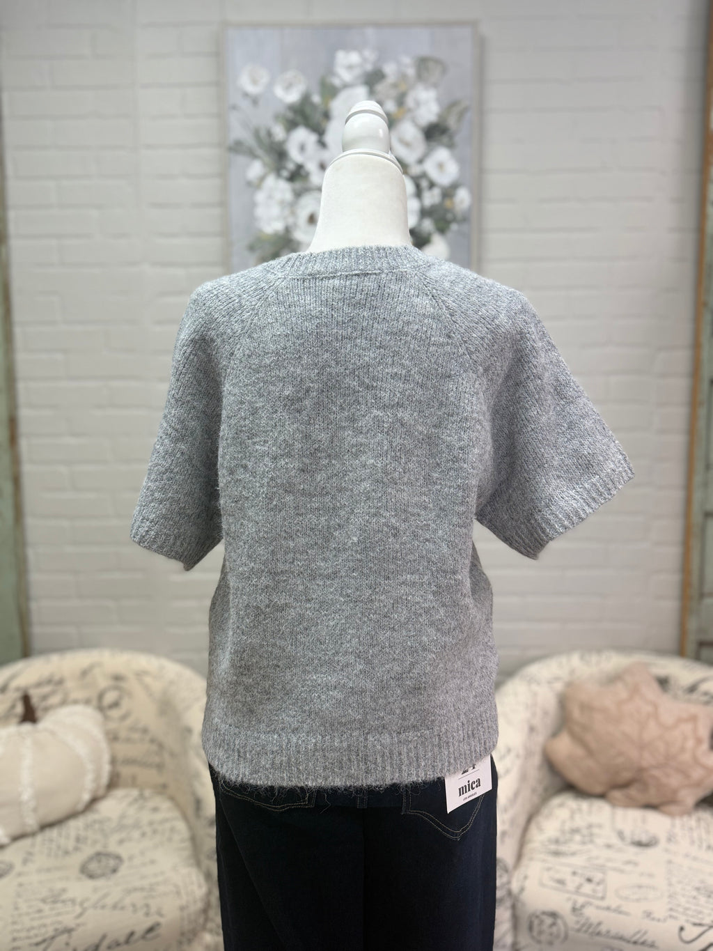 Grey Flower Short Sleeve Sweater
