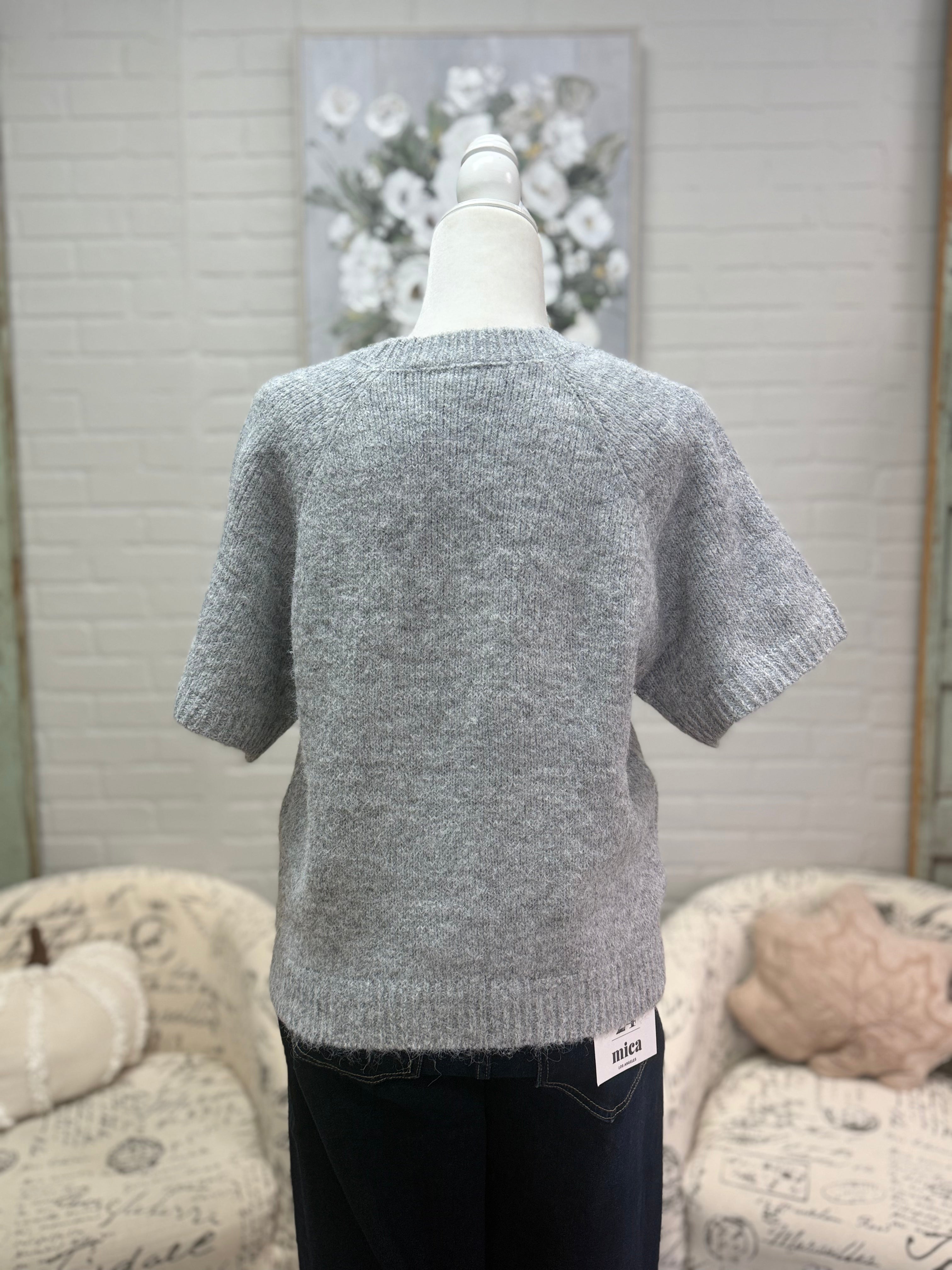 Grey Flower Short Sleeve Sweater