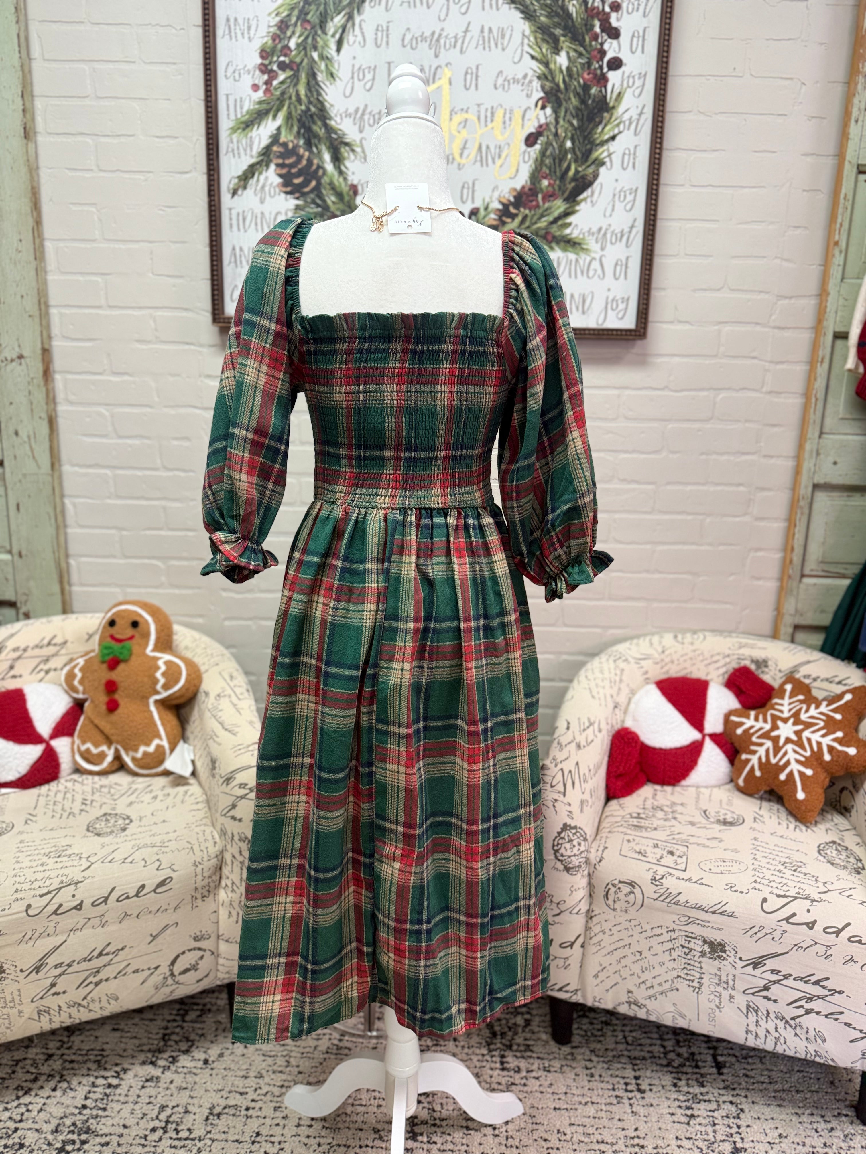 Green Plaid Smocked Midi Dress