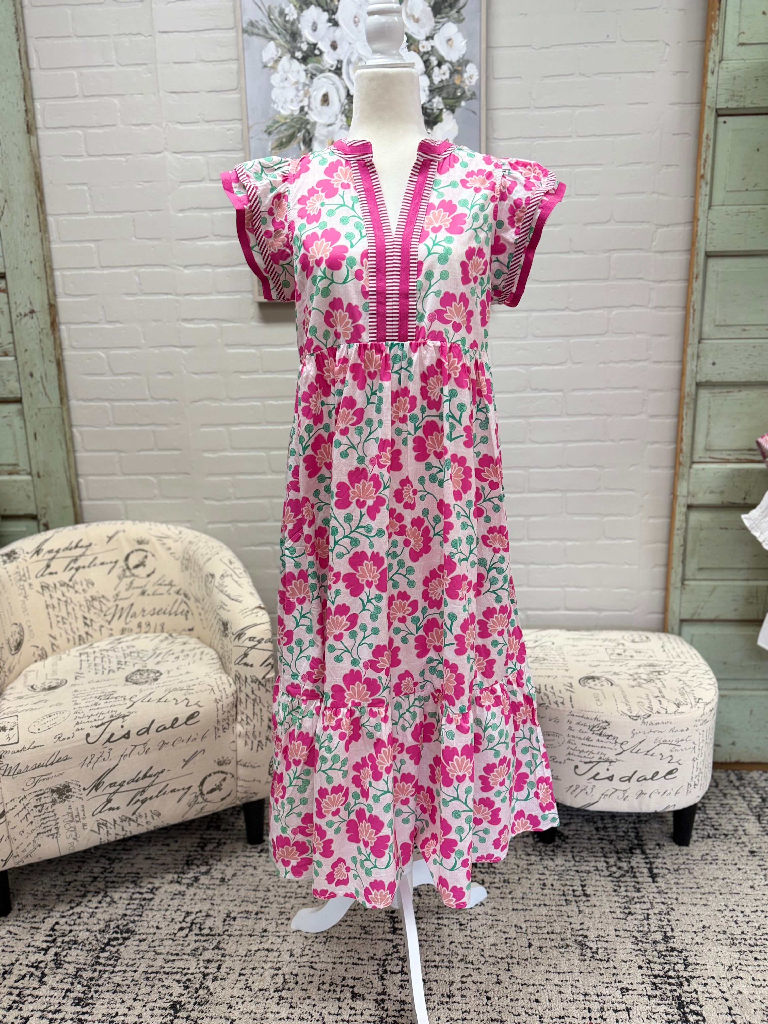 Pink Floral Flutter Sleeve Midi