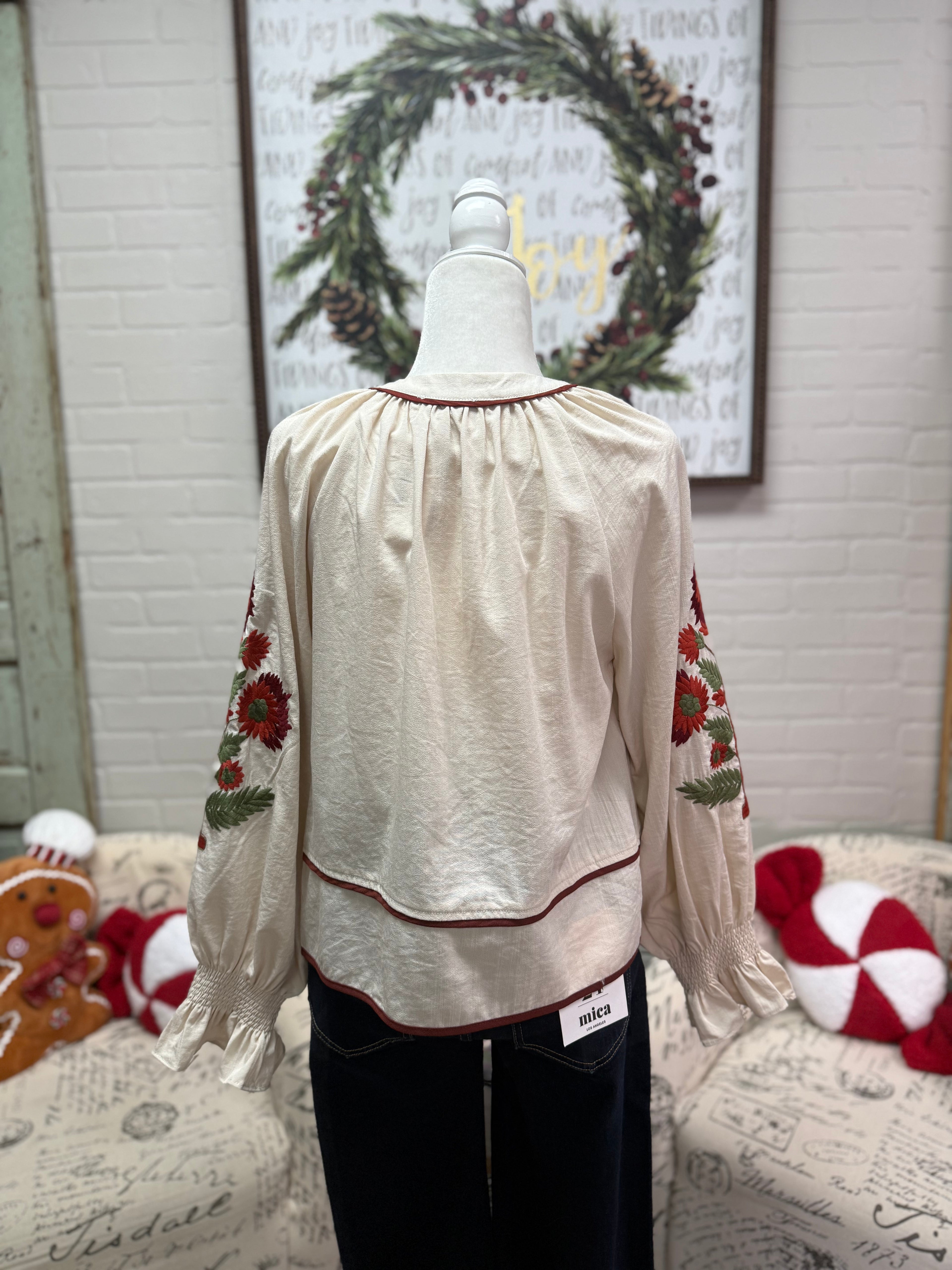 Ecru Top w/ Embroidered Sleeves
