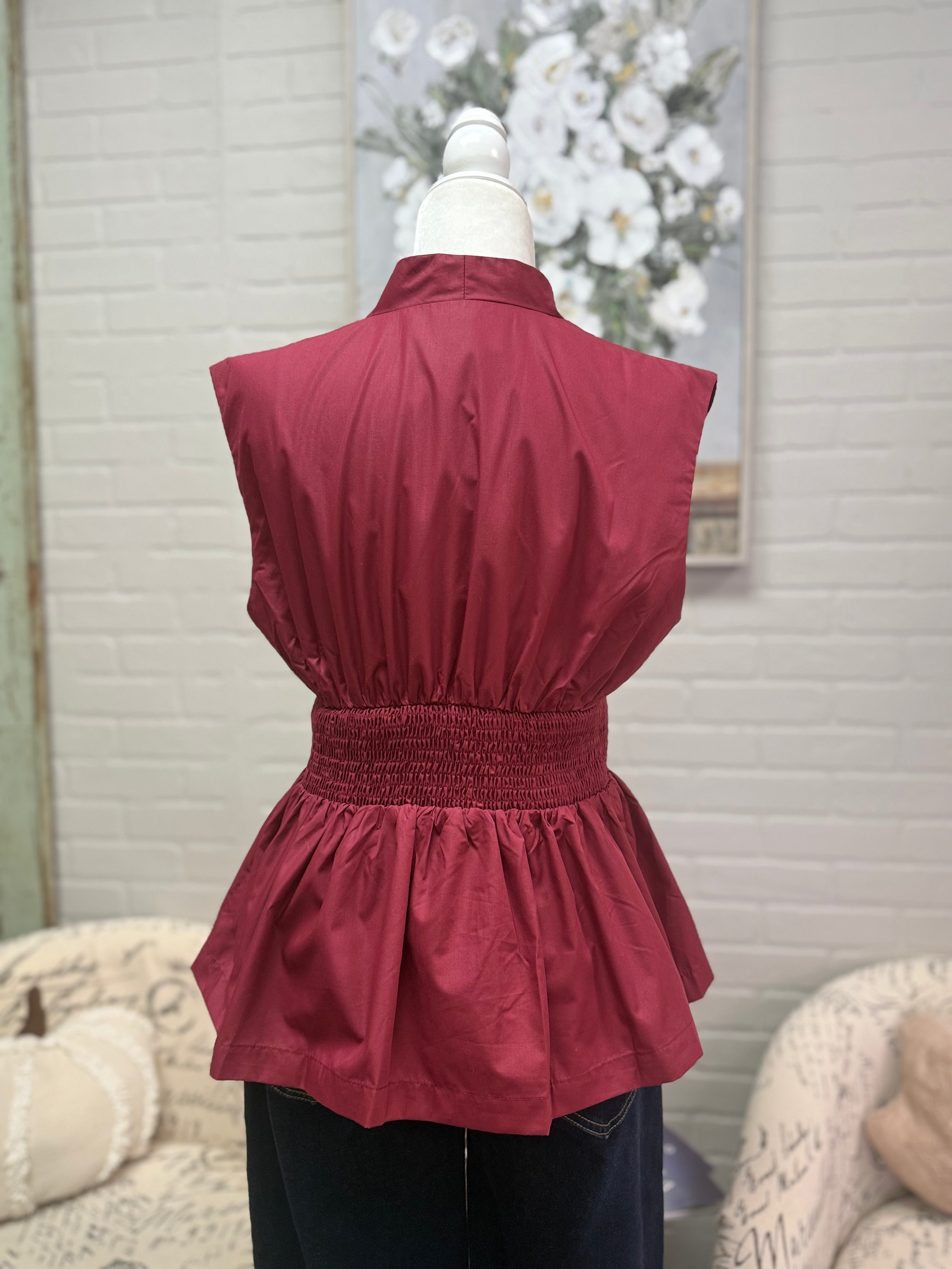 Burgandy Zip Peplum Top