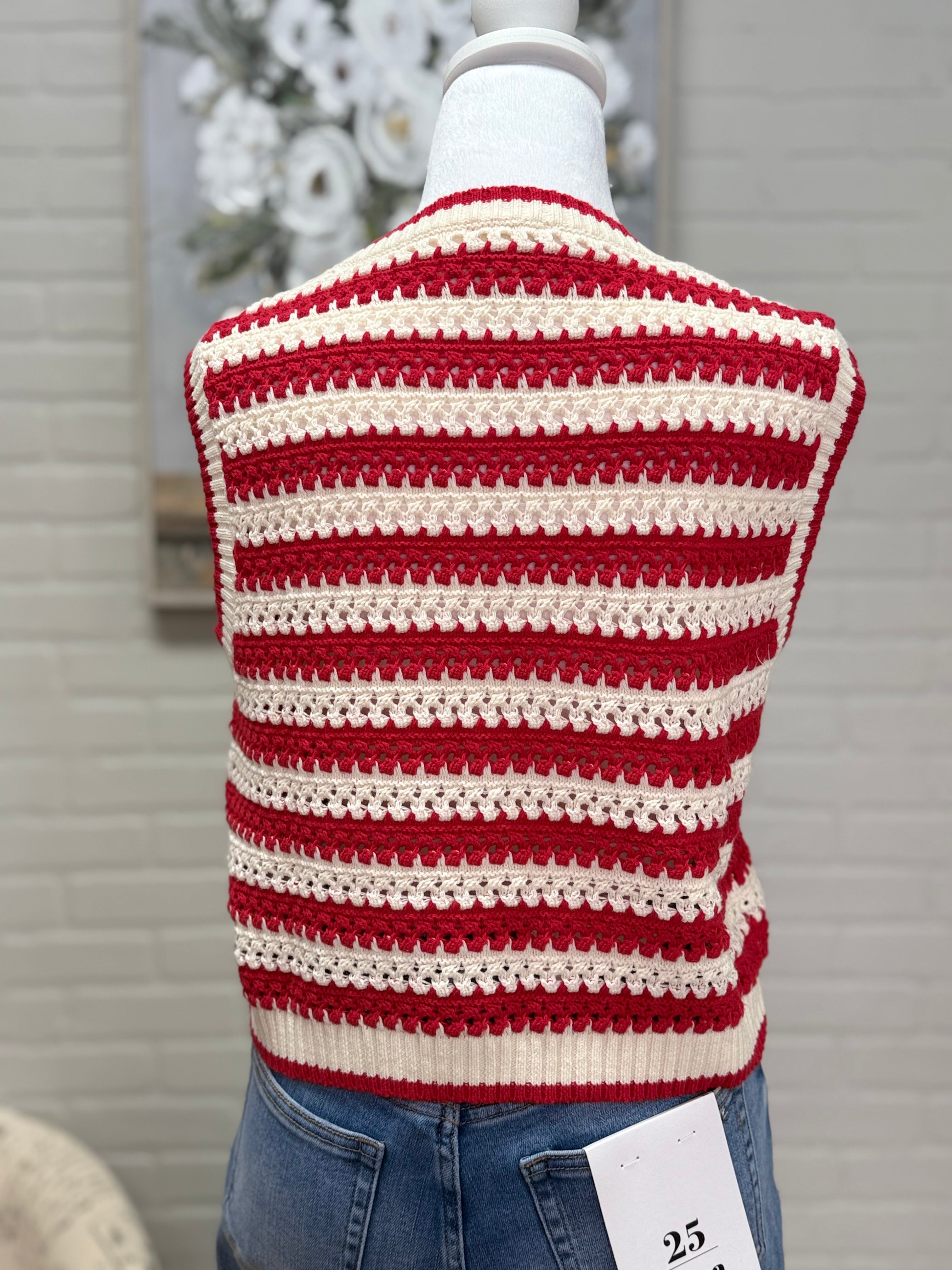 Red Striped Vest w/ Denim Lace Ties