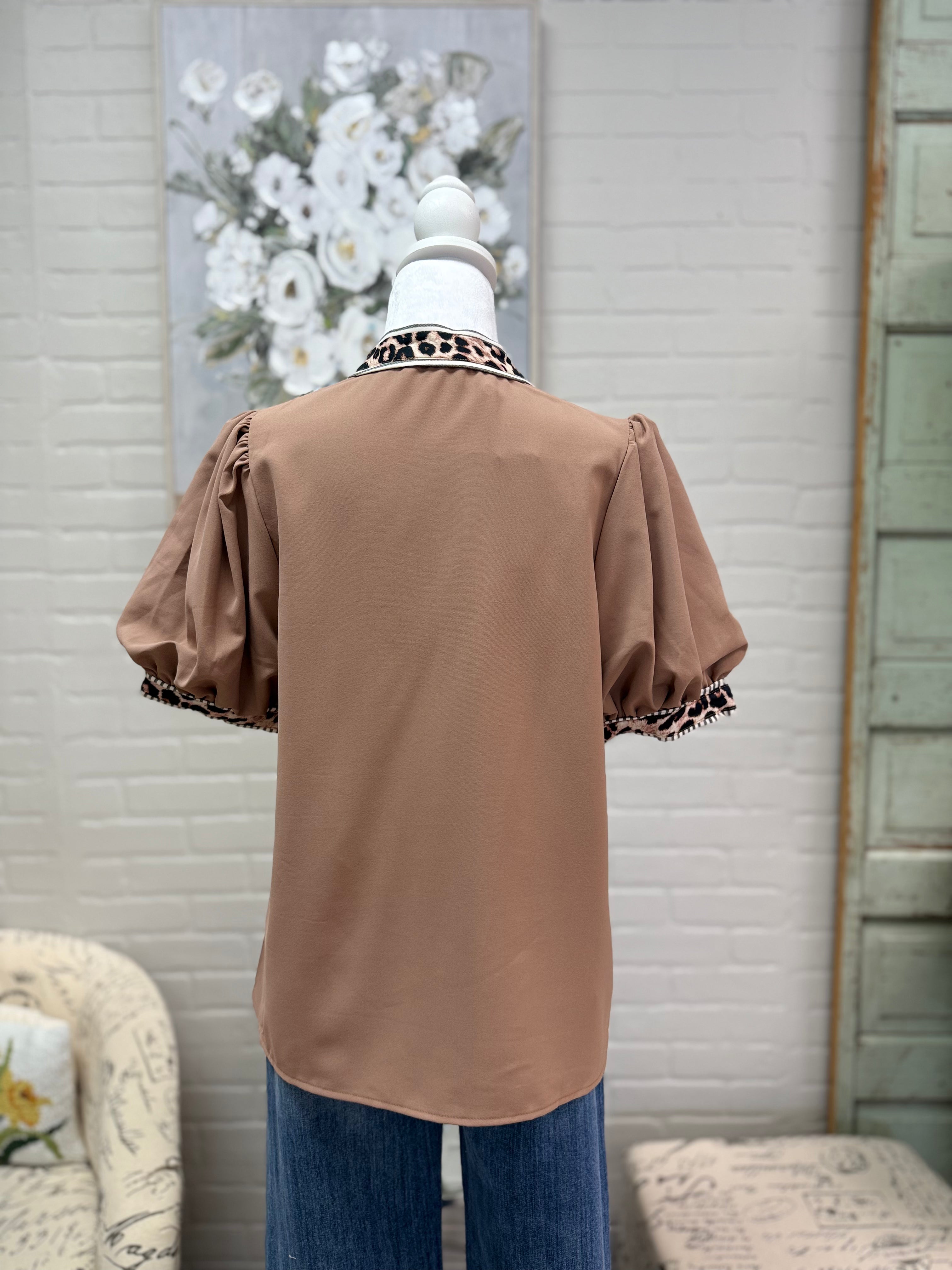 Mocha Leopard Trim Top
