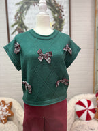 Green Short Sleeve Sweater With Plaid Bows